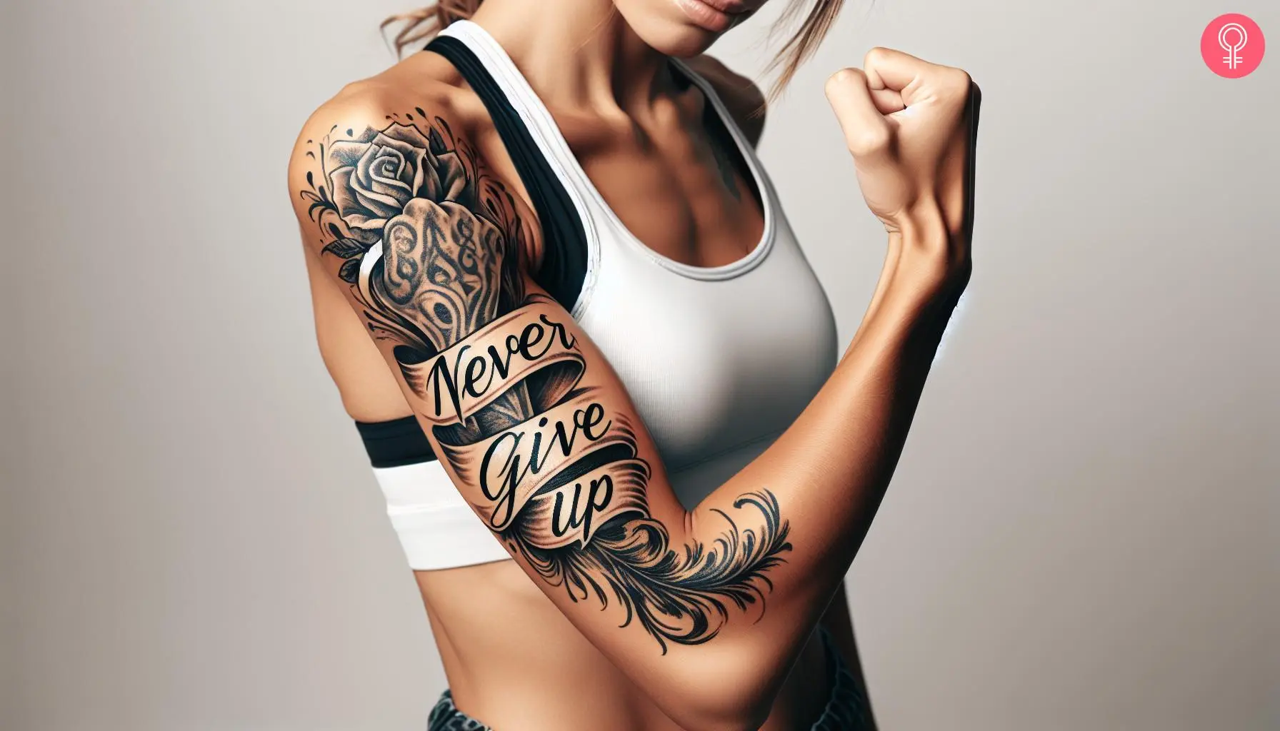 Never give up tattoo on the upper arm