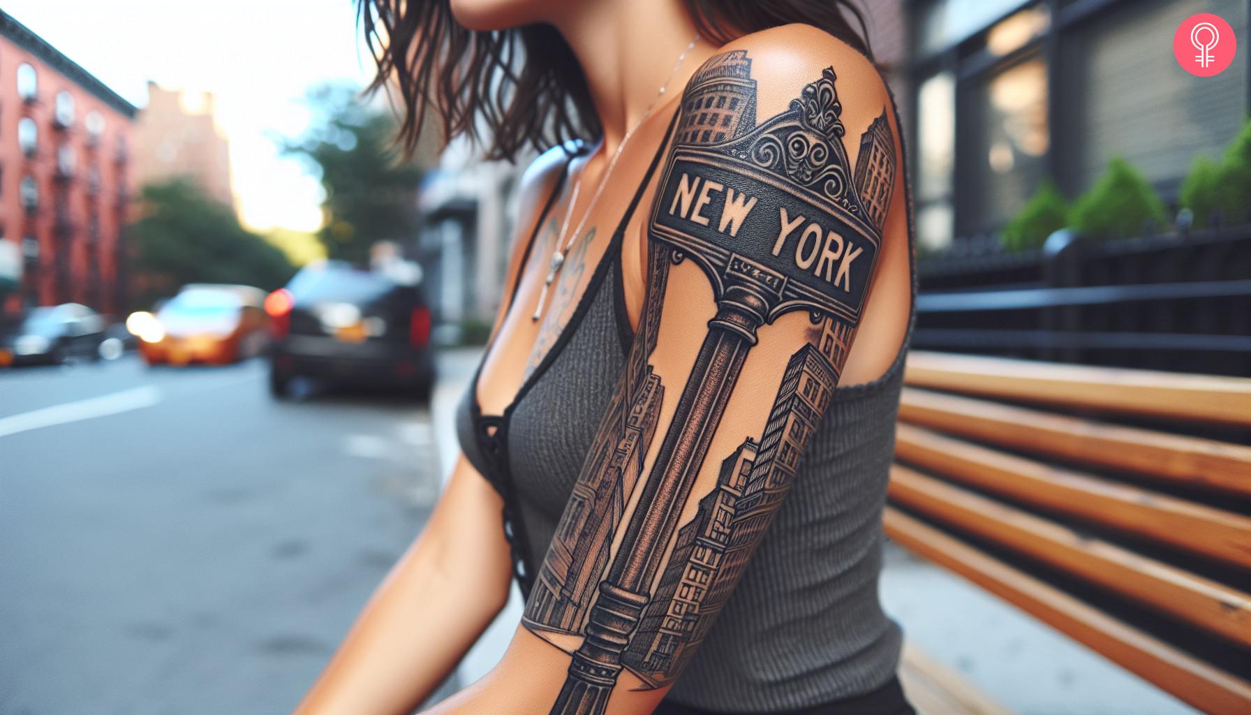 New York street sign tattoo on a woman's arm