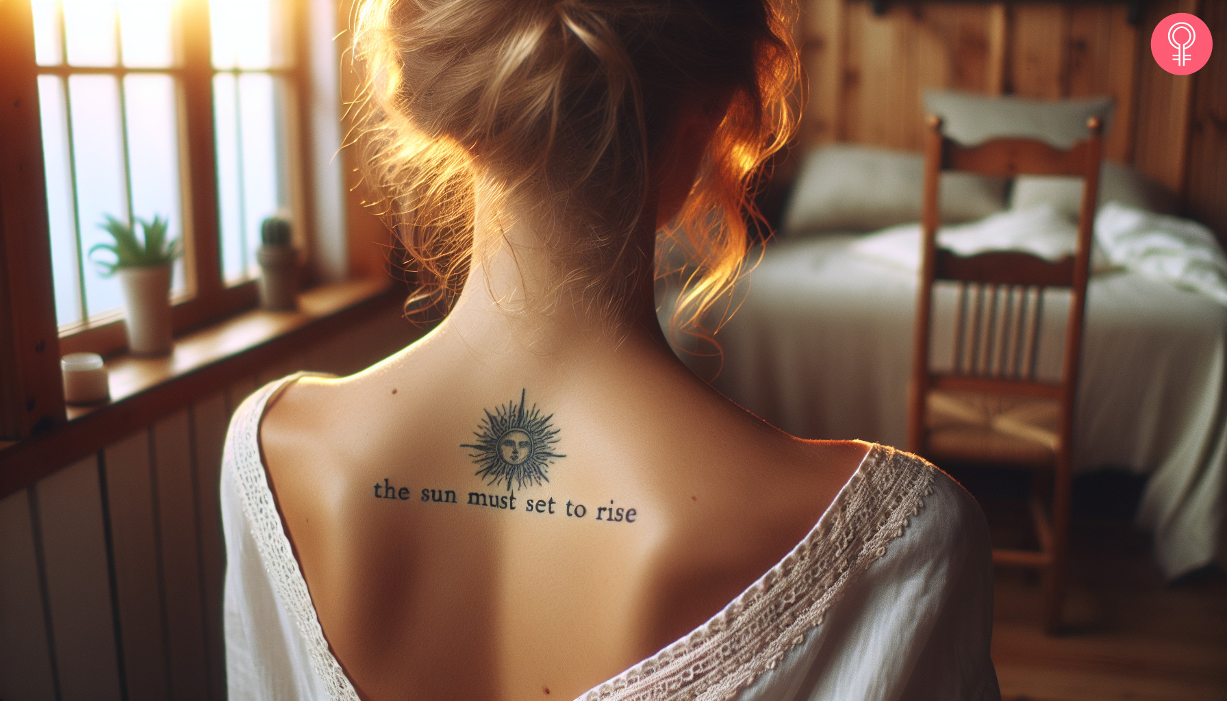 New beginning tattoo quote on the upper back of a woman