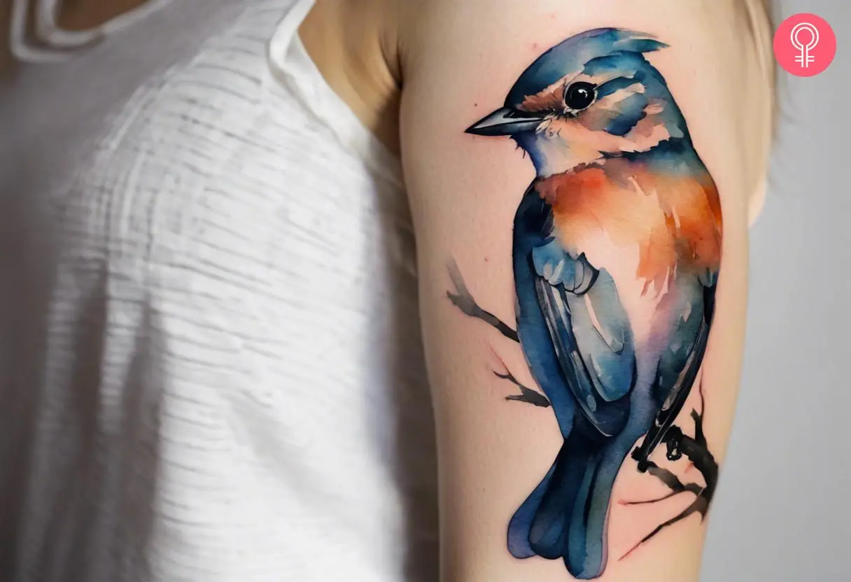 Nightingale bird tattoo on a woman’s upper arm