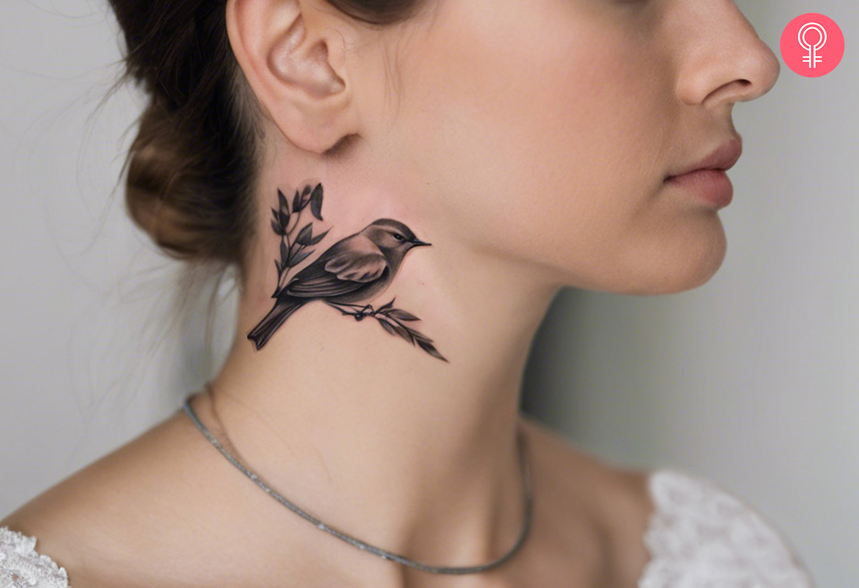 Nightingale tattoo on a woman’s neck