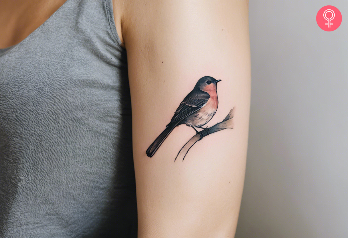 Minimalist nightingale tattoo on a woman’s upper arm