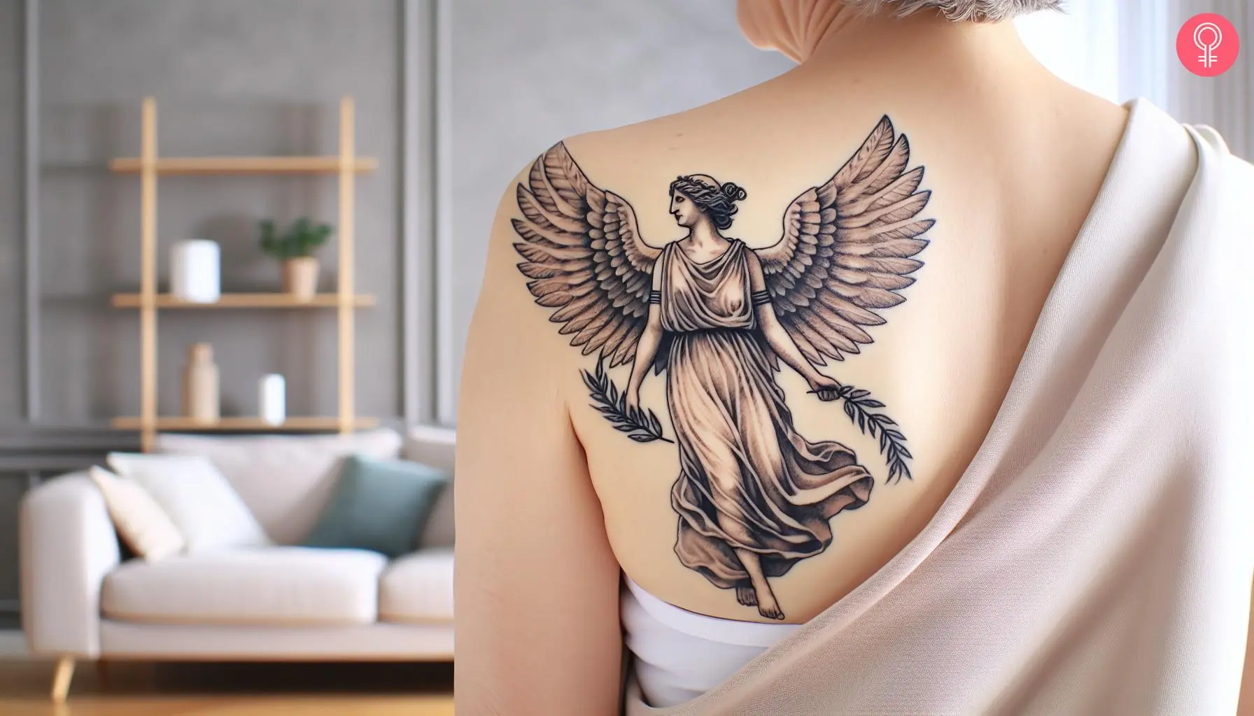 Nike goddess of victory tattoo on the back of the shoulder