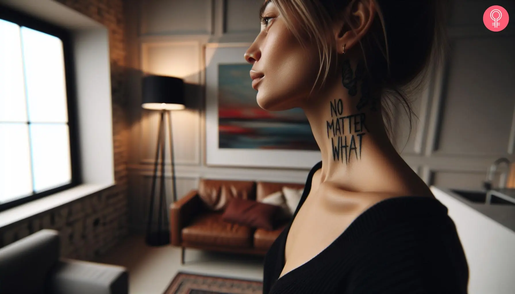 No matter what’ tattoo on the neck of a woman