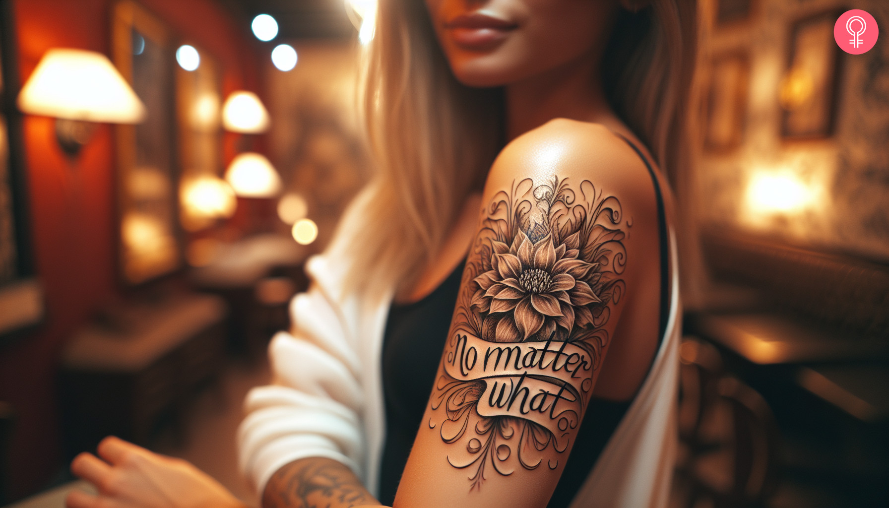 ‘No matter what’ tattoo with flower on the arm of a woman