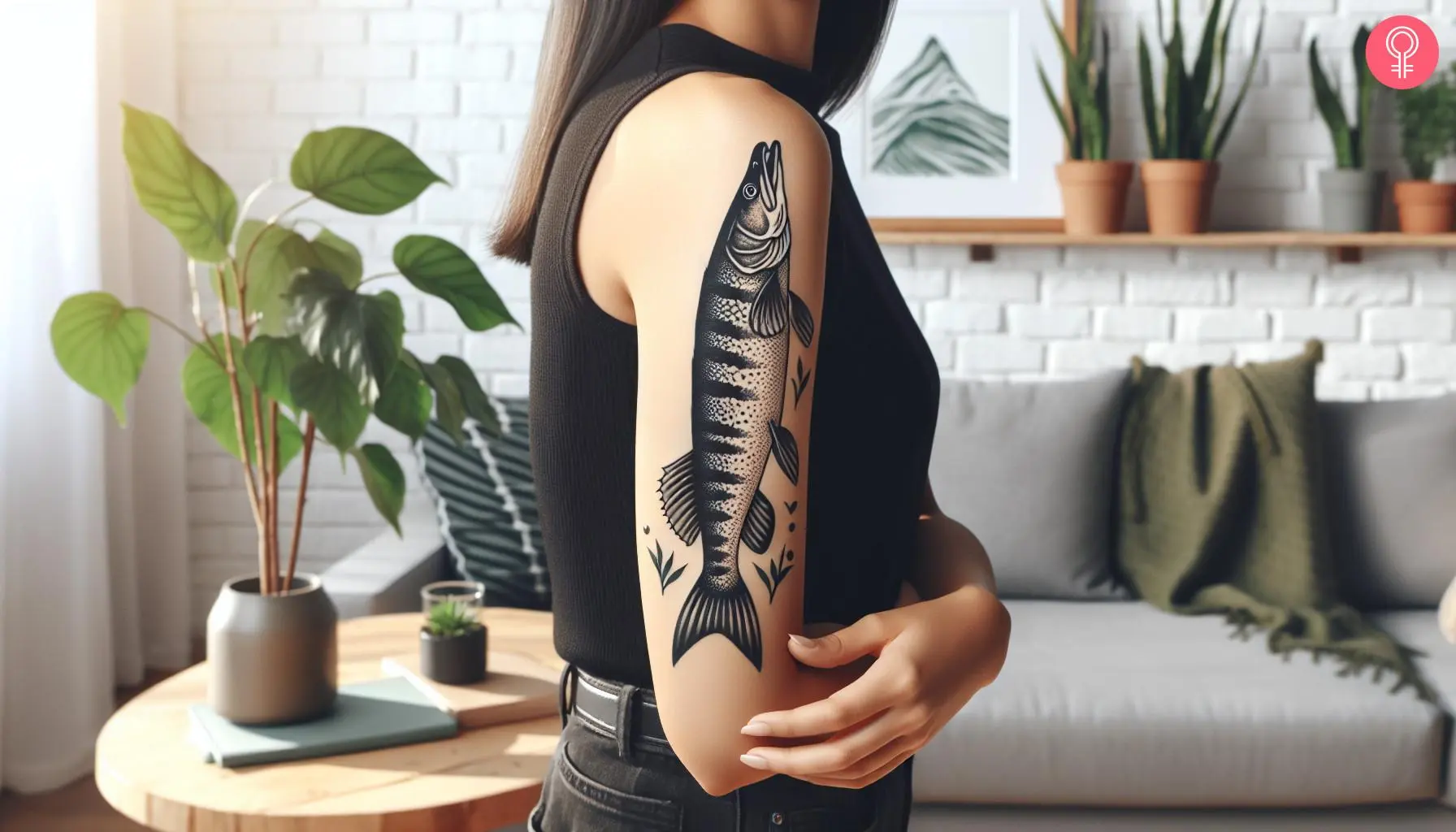 Northern pike tattoo on the upper arm of a woman