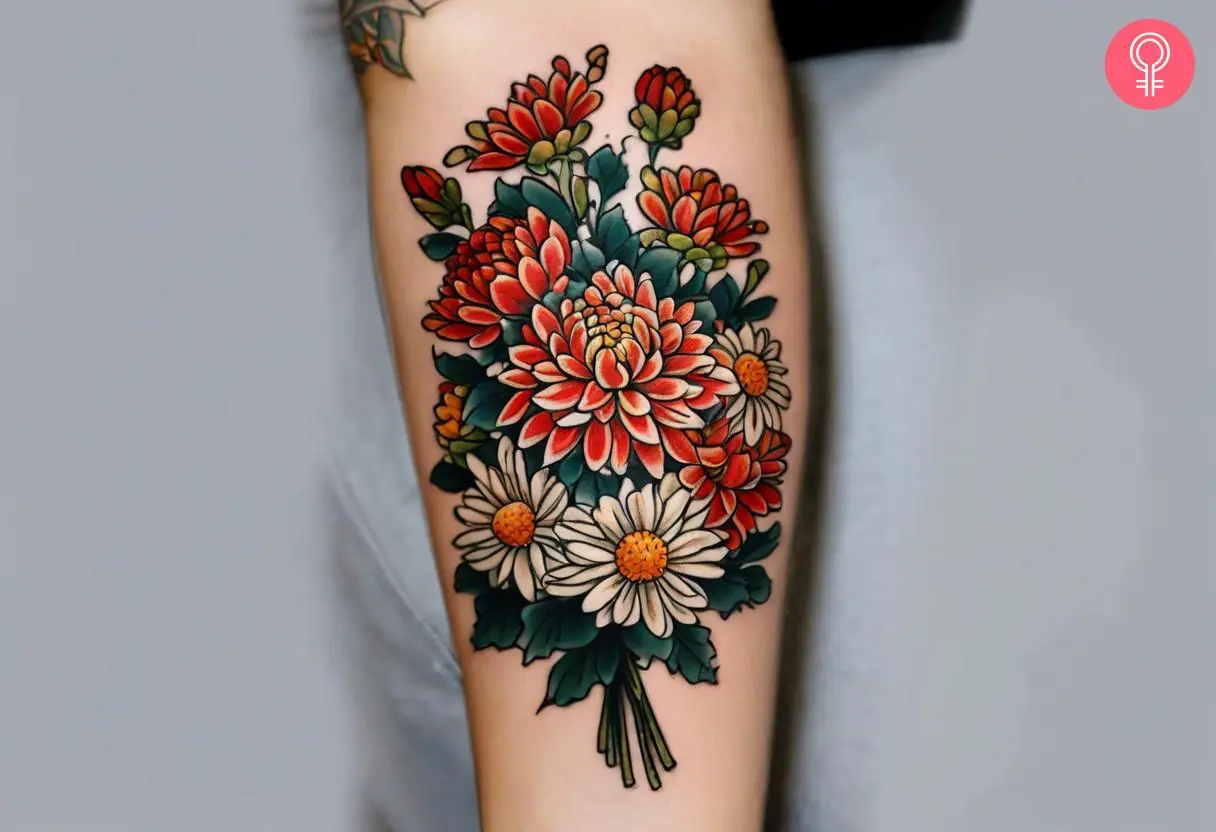 A chrysanthemum bouquet inked on the forearm