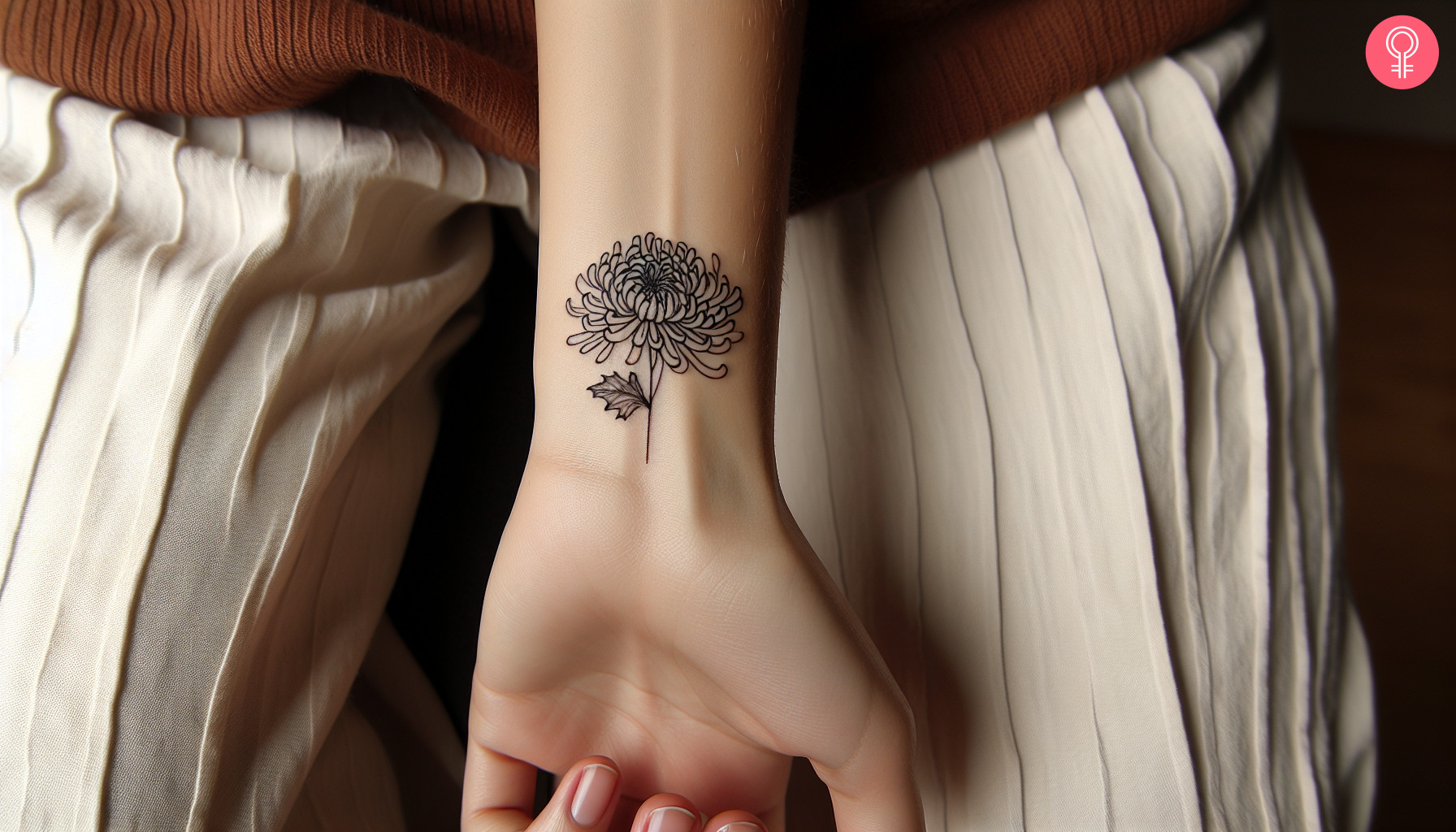 A small black and white chrysanthemum inked on the wrist