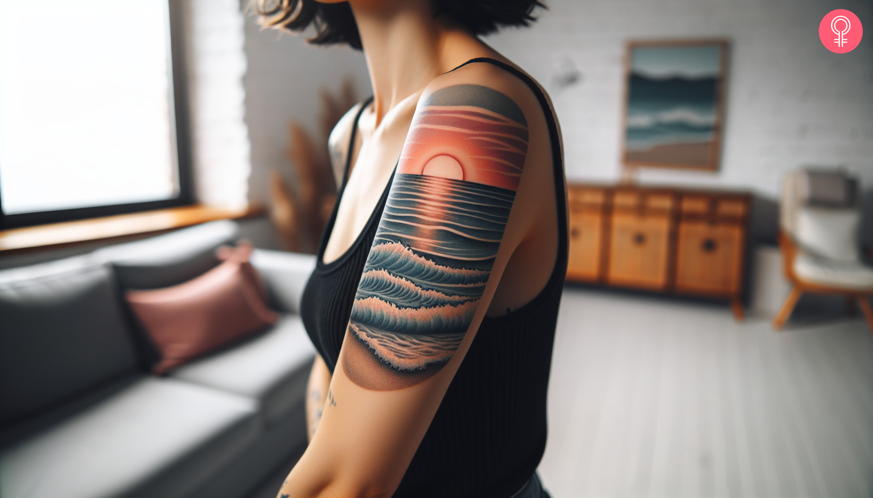 Ozean-Sonnenuntergang-Tattoo am Oberarm