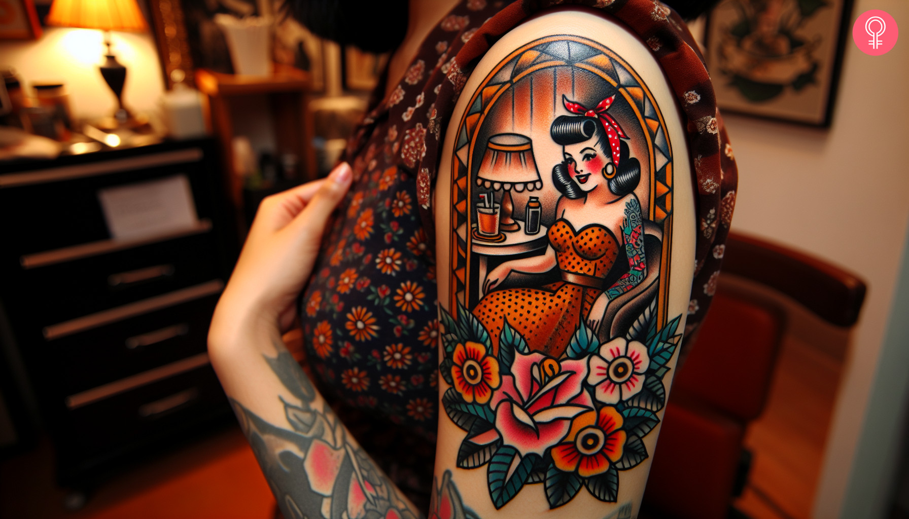 A pin up old school tattoo on a woman’s upper arm