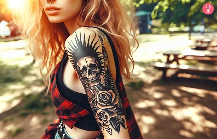 Old-school punk tattoo on a woman’s upper arm