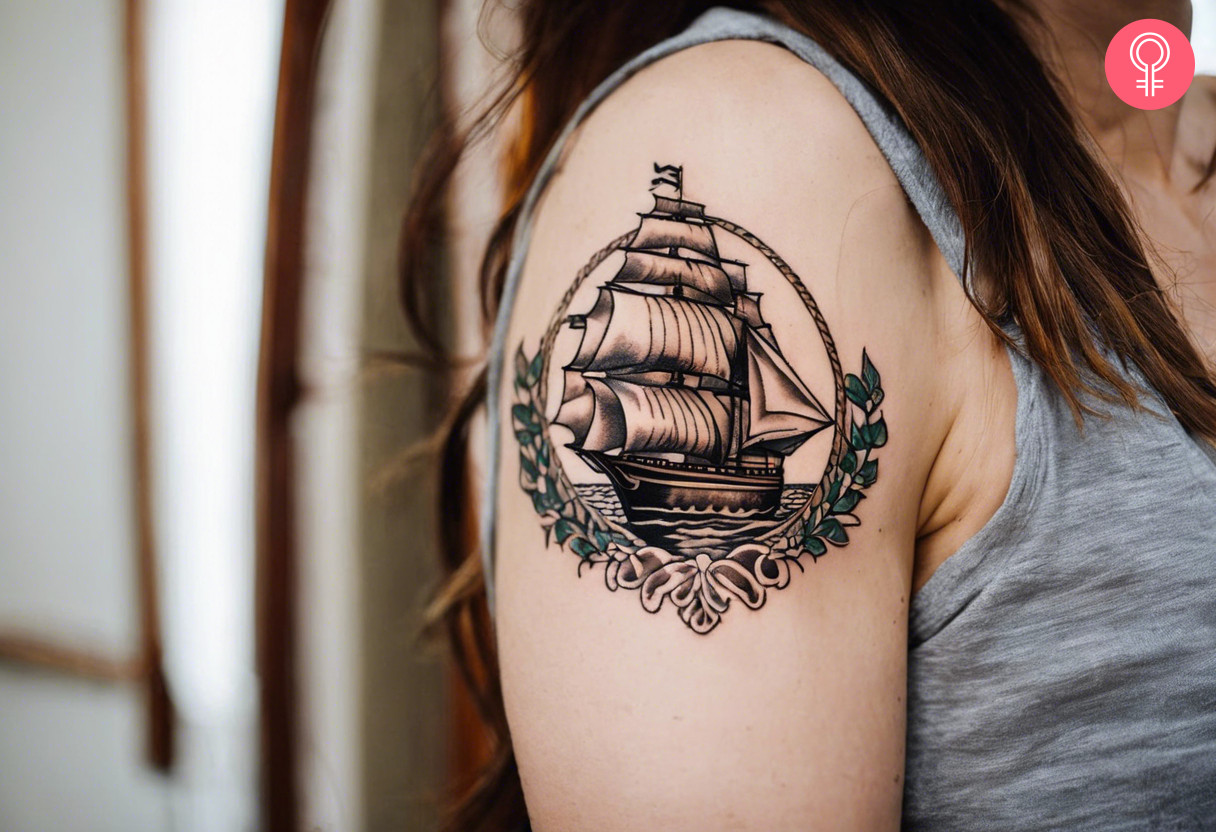 An old school ship tattoo on a woman’s upper arm