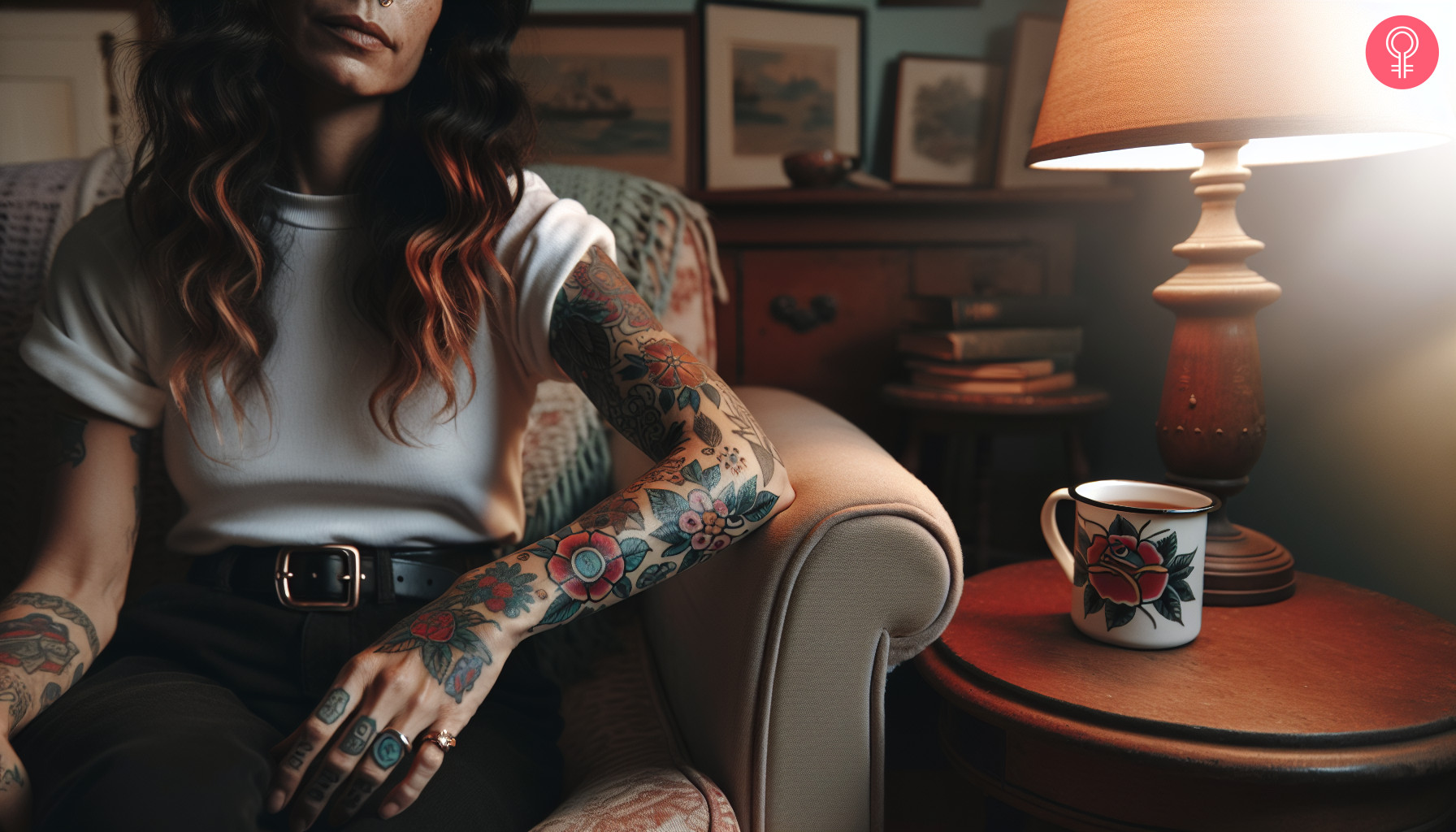 An old school sleeve tattoo on a woman’s arm