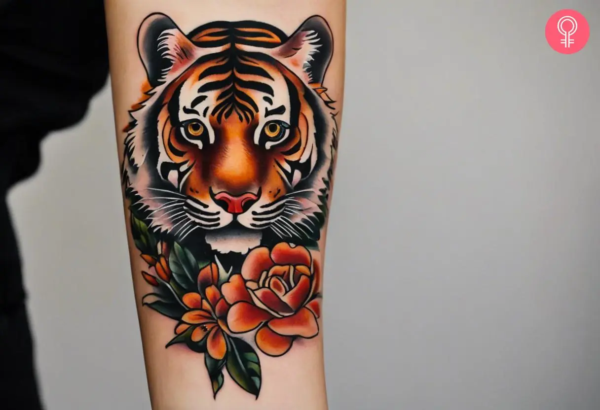 An old school tiger tattoo on a woman’s forearm