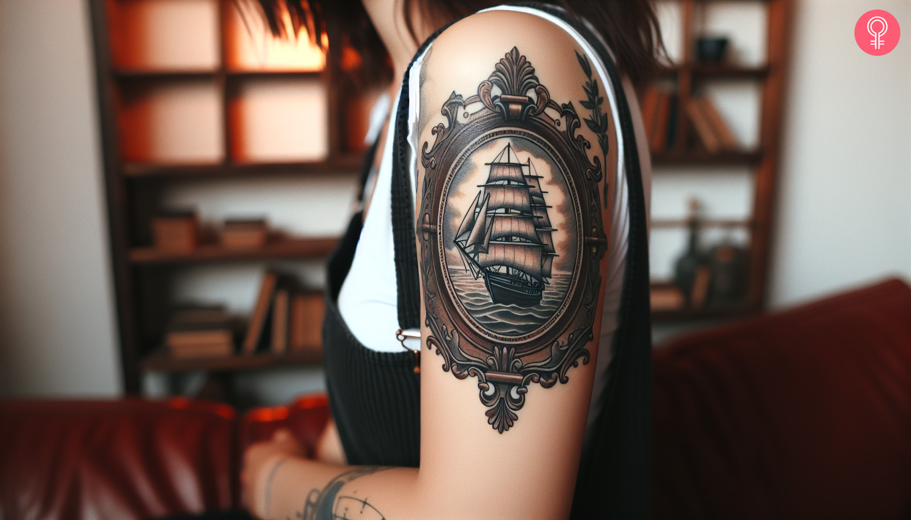 A woman with an ornate old-school traditional frame tattoo