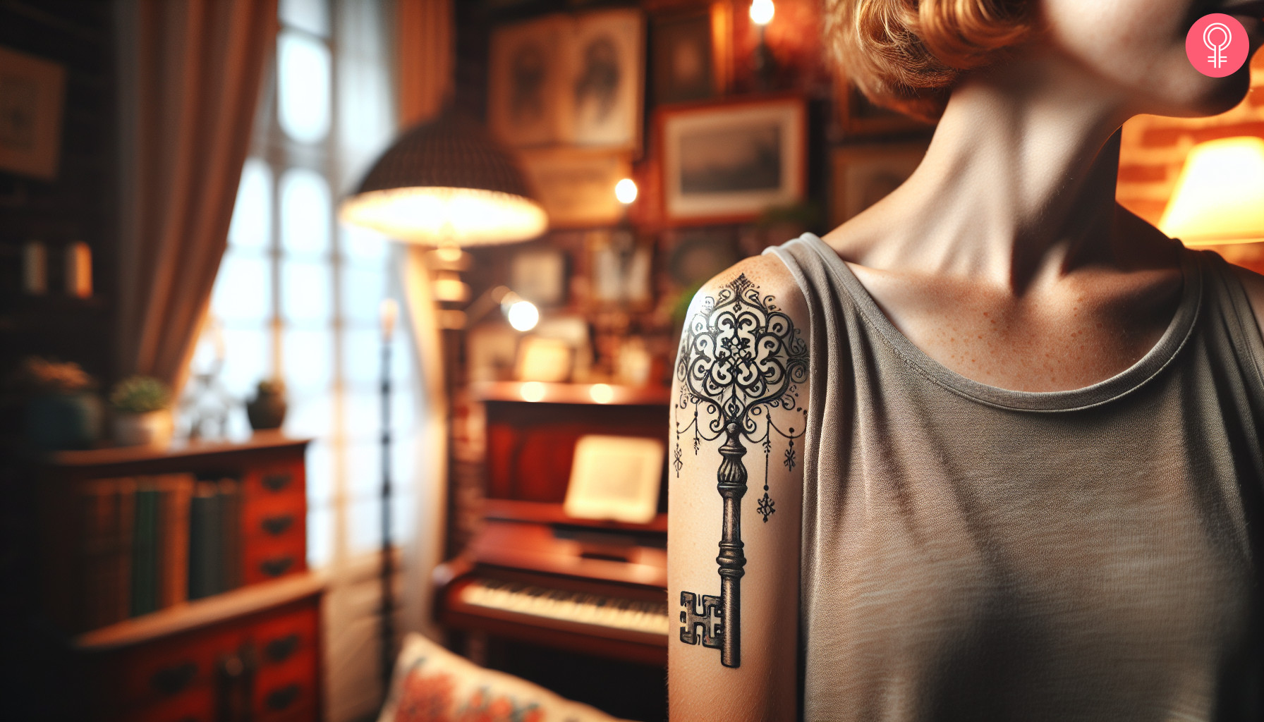 Old fashioned skeleton key tattoo on the upper arm of a woman