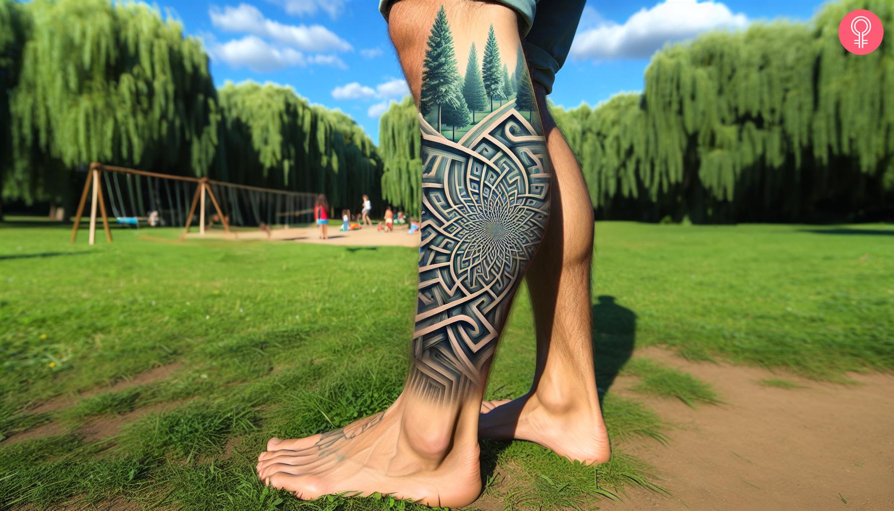 Man with an optical illusion 3D tattoo on the leg