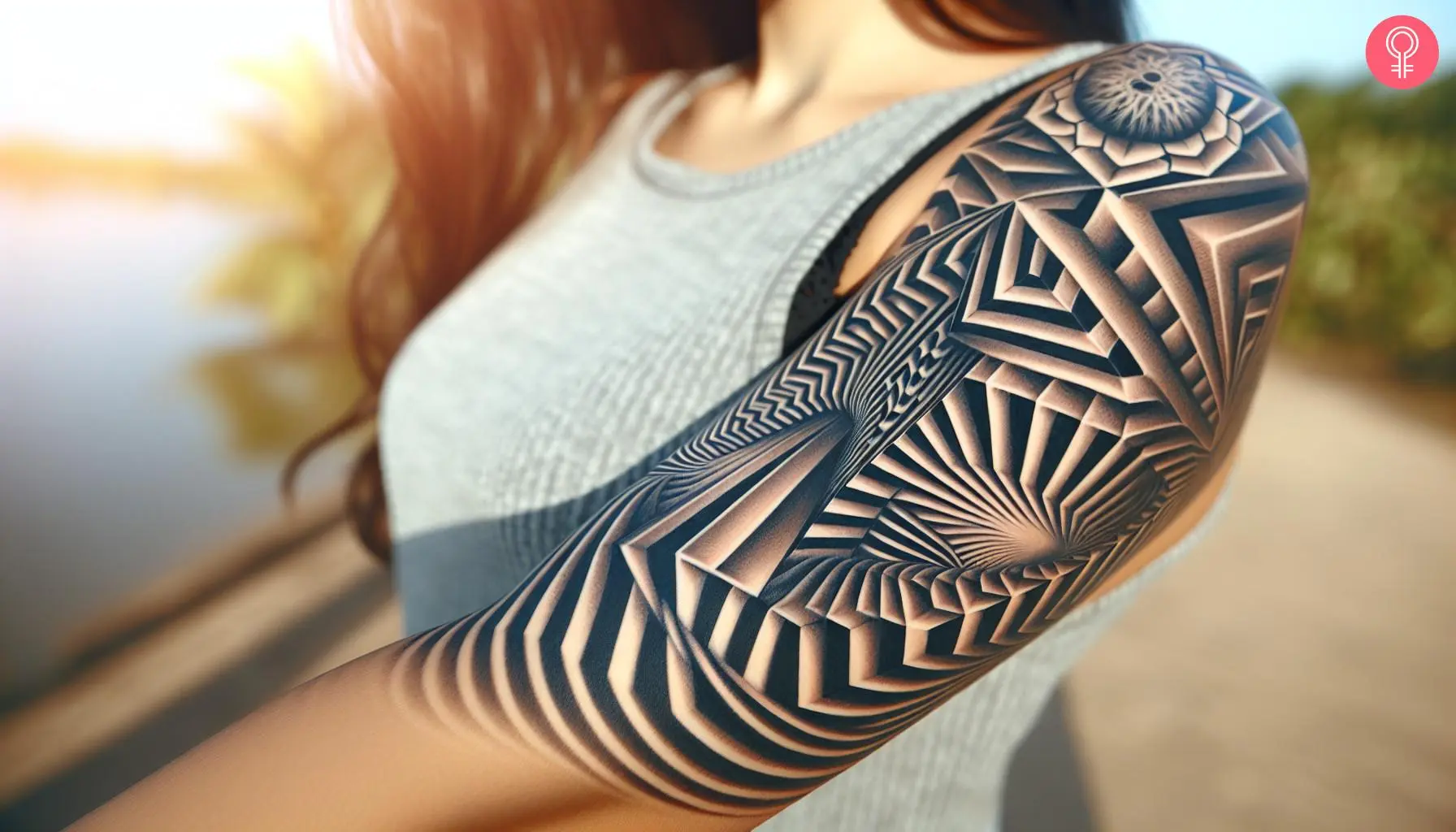 Woman with an optical illusion 3D tattoo on the upper arm