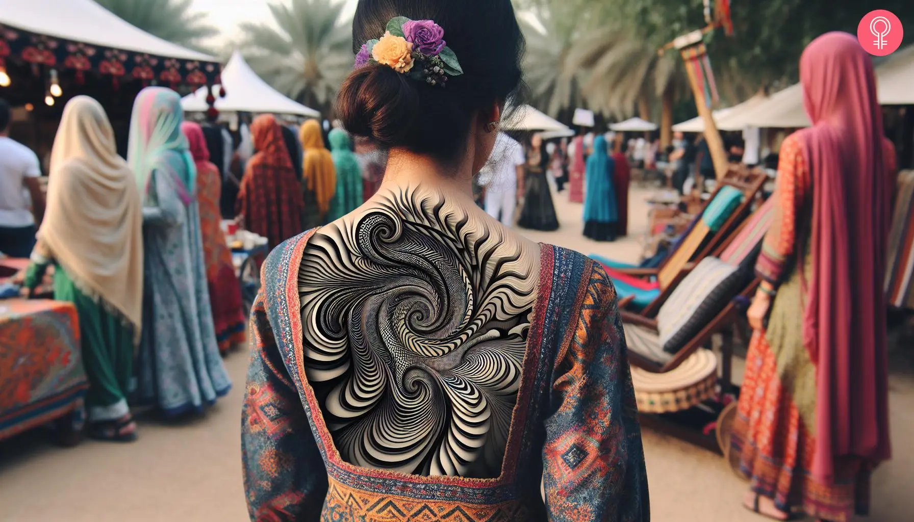 Optical illusion moving tattoo on the upper back of a woman