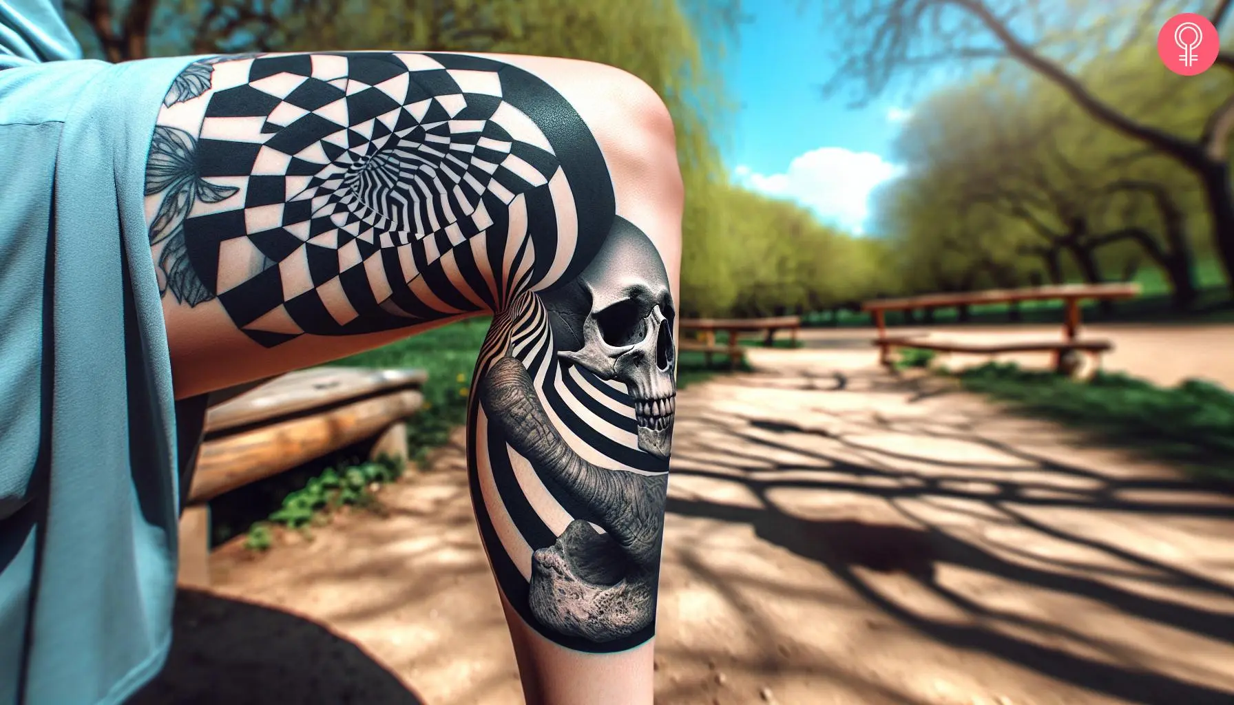 Woman with an optical illusion skull tattoo on the leg