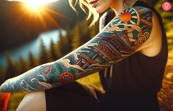 Oriental temple tattoo on a woman’s sleeve