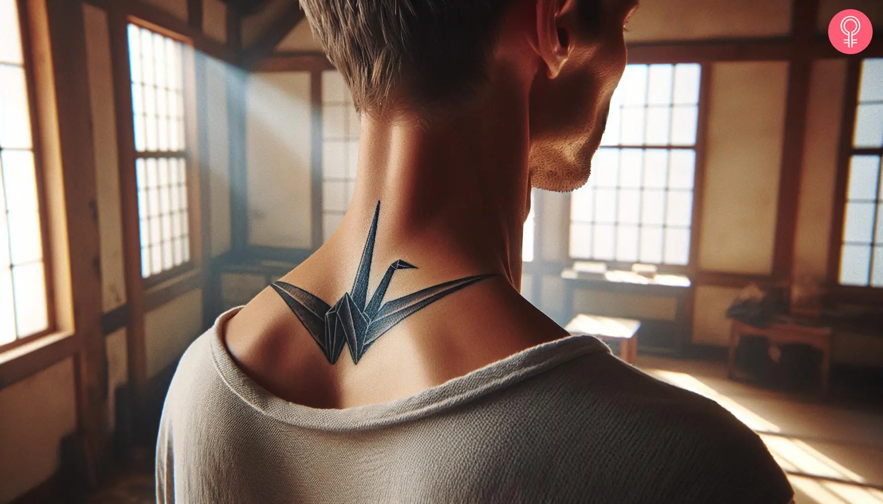 Origami crane tattoo on the neck of a man