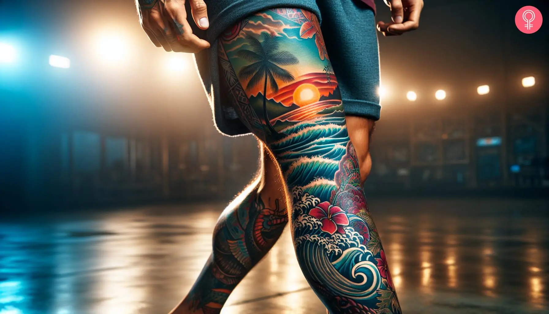 Outdoor tattoo on the leg sleeve of a man