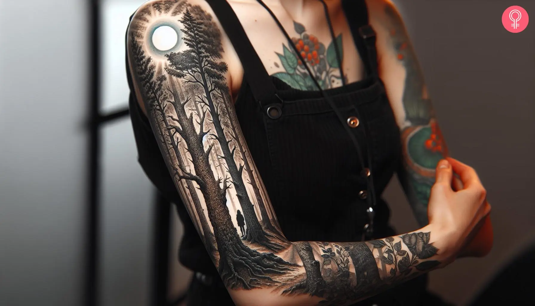 Outdoor tattoo on the arm sleeve of a woman