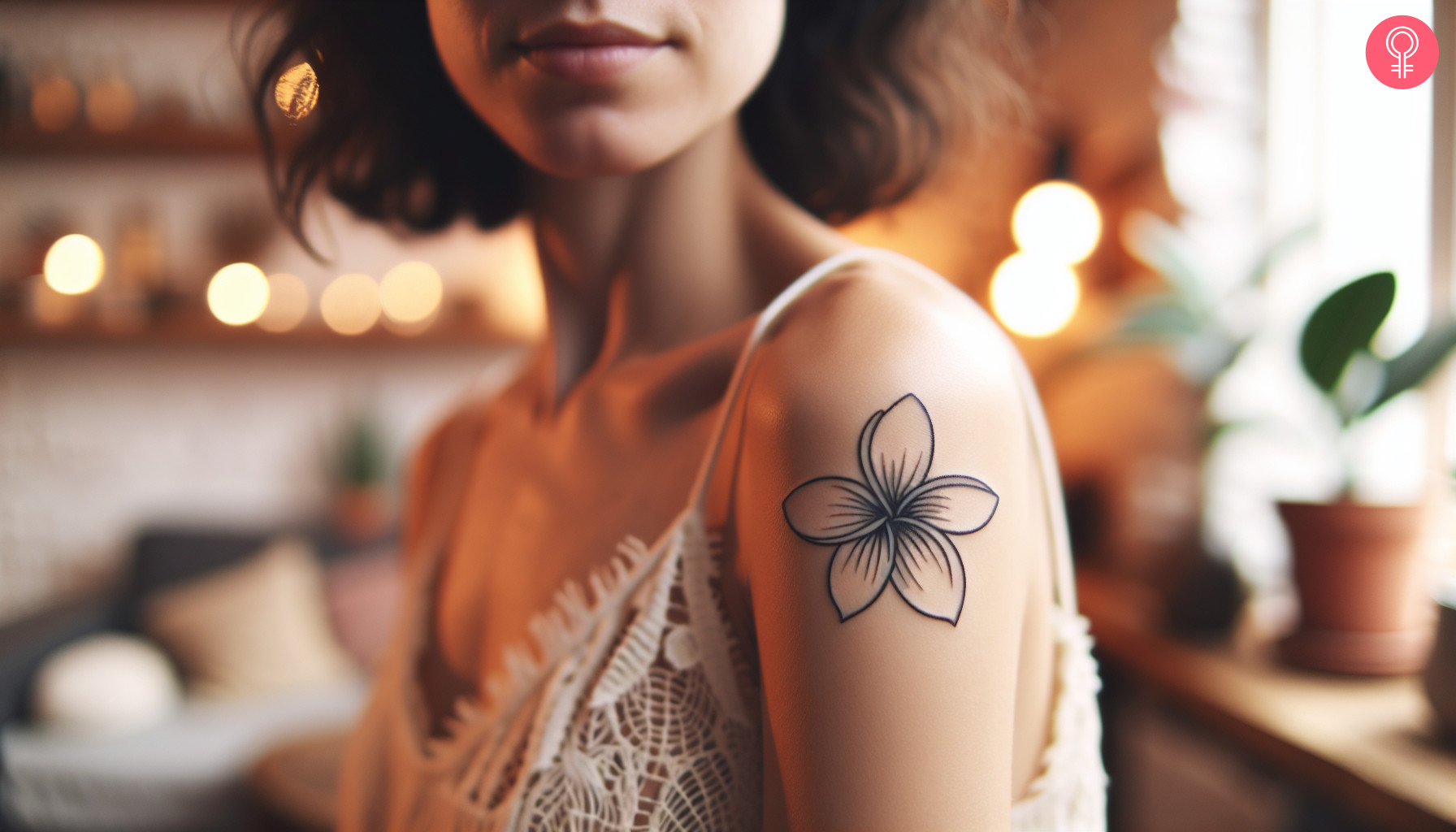 Outline plumeria tattoo on the shoulder