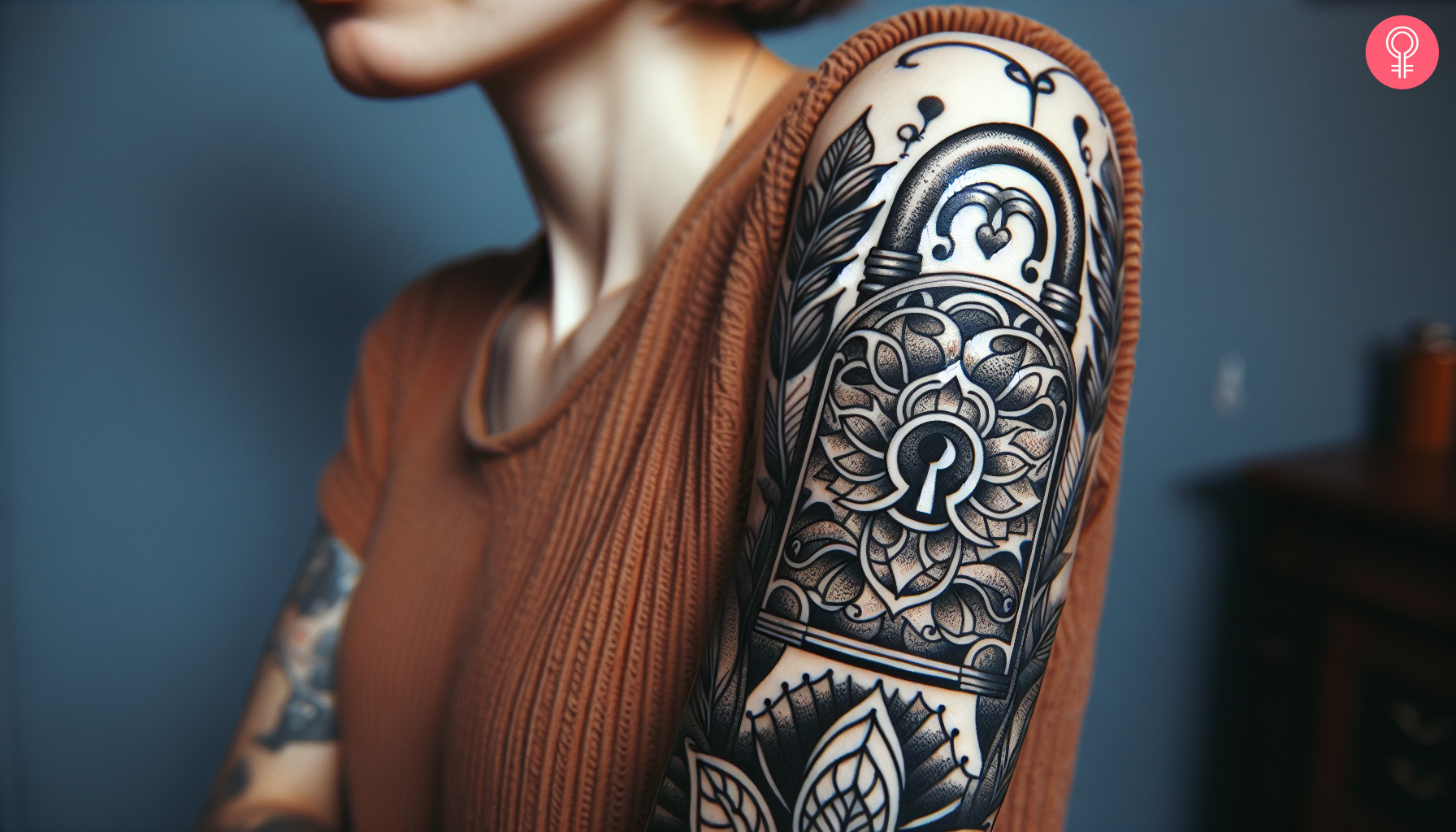 Woman with padlock tattoo on her upper arm