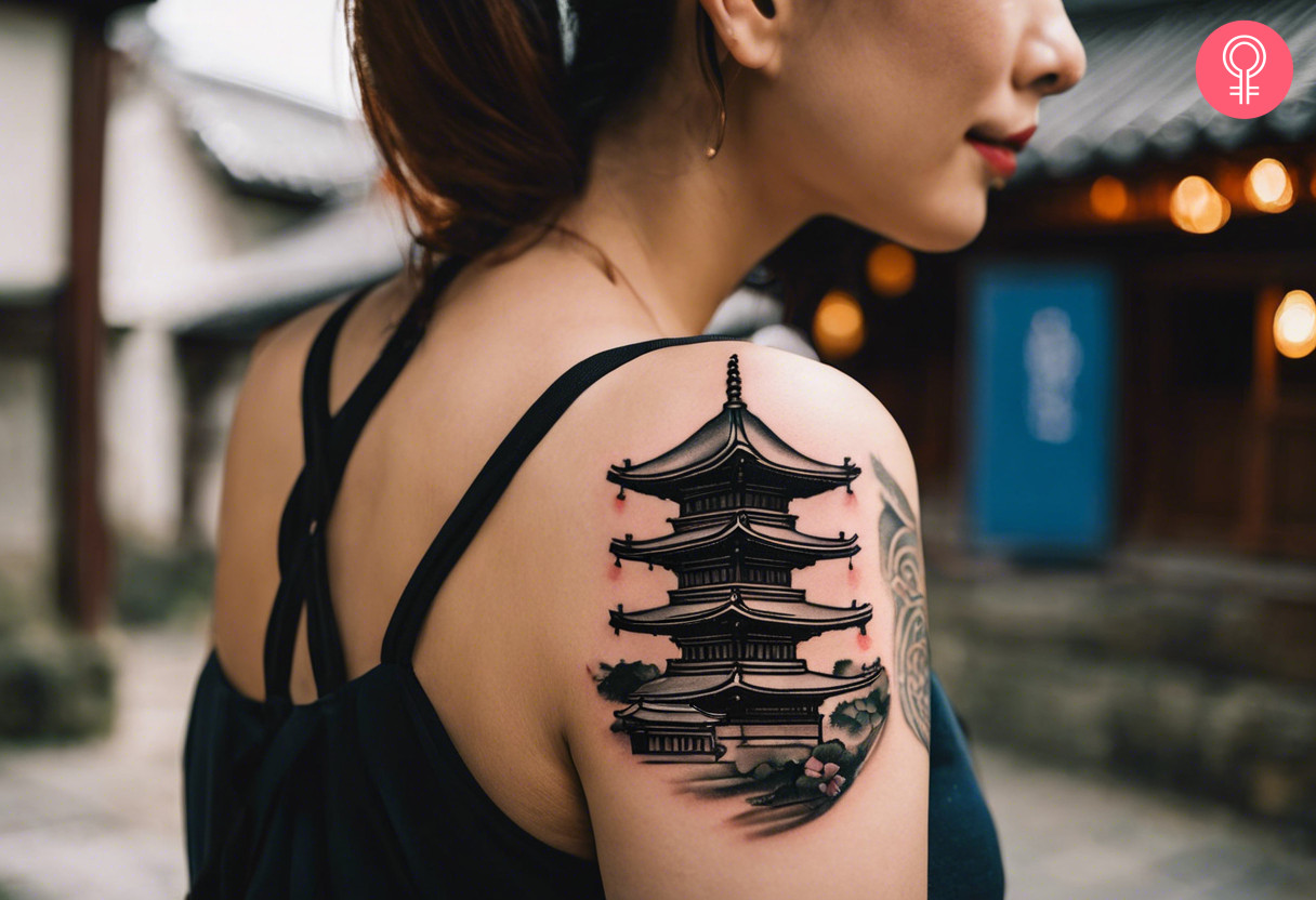 Pagoda temple tattoo on the upper arm of a woman