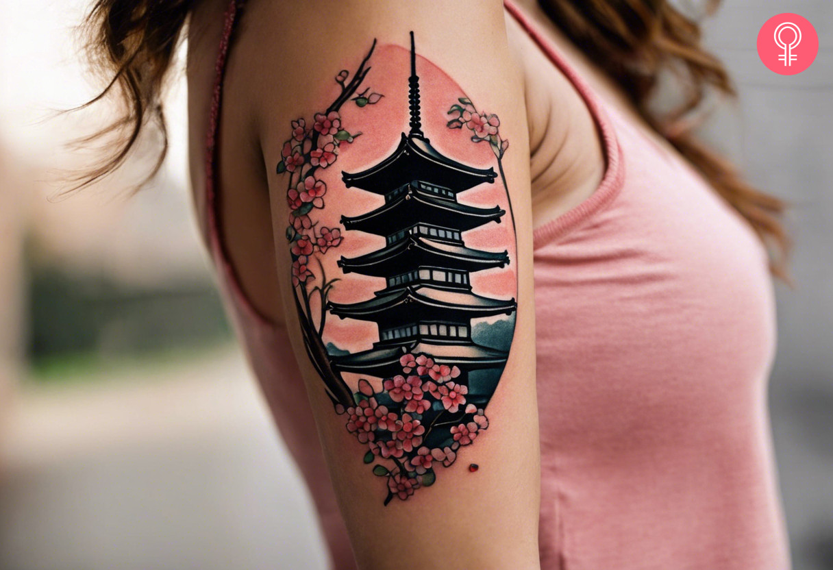 Pagoda tower tattoo on the upper arm of a woman