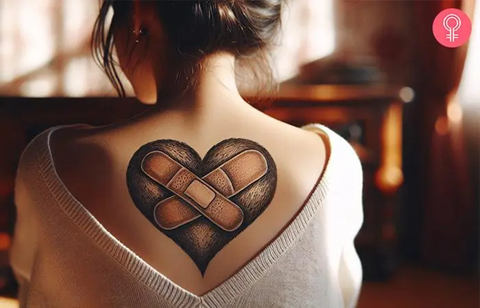 A betrayal tattoo on a woman’s upper back featuring a broken heart and band-aids