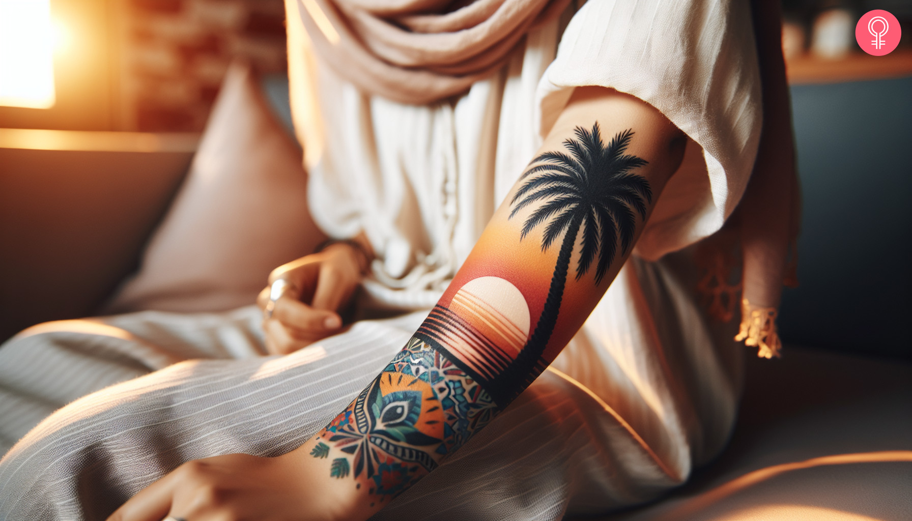 Palm tree sunset tattoo on forearm