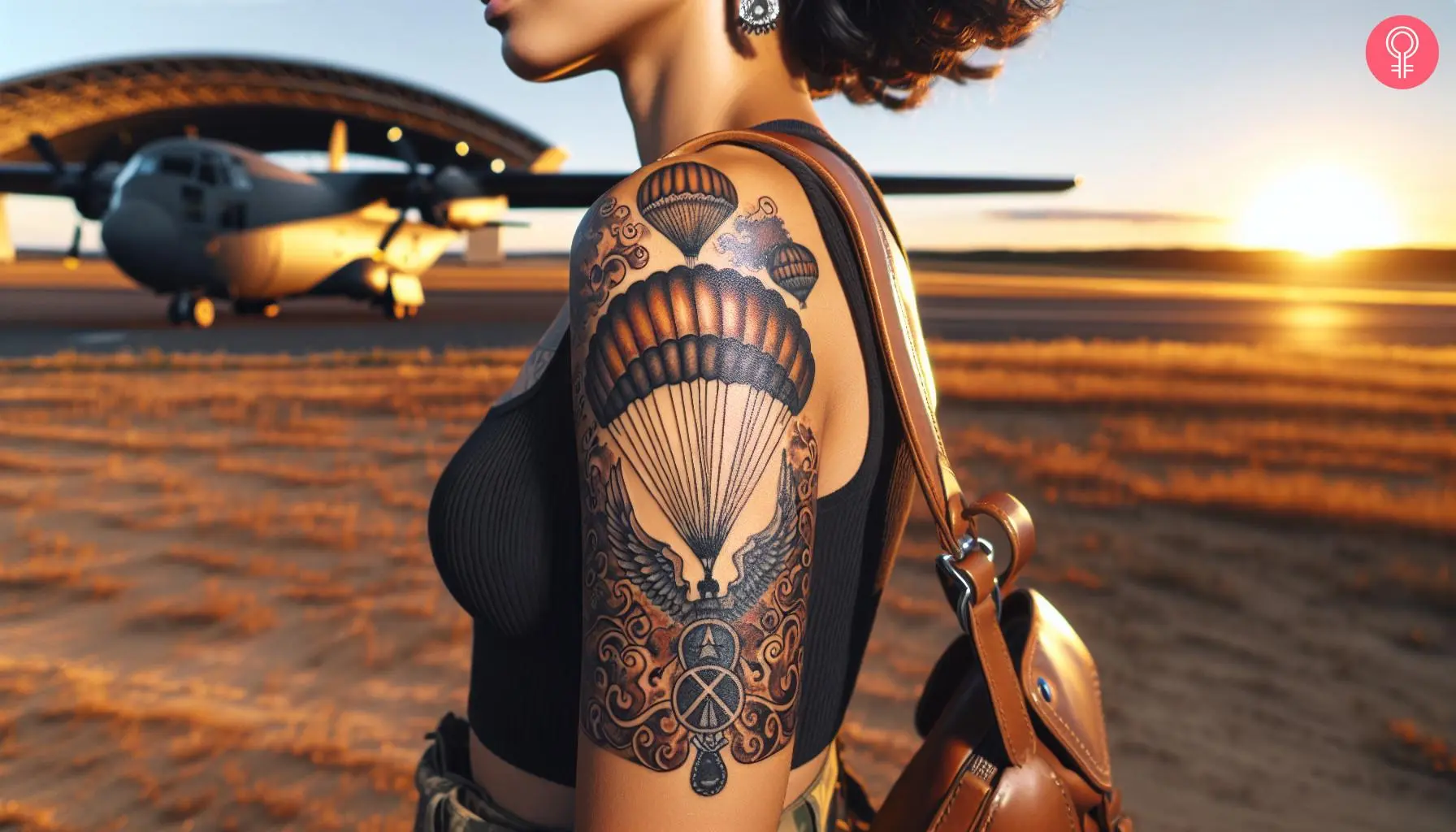 Paratrooper airborne tattoo on the upper arm of a woman