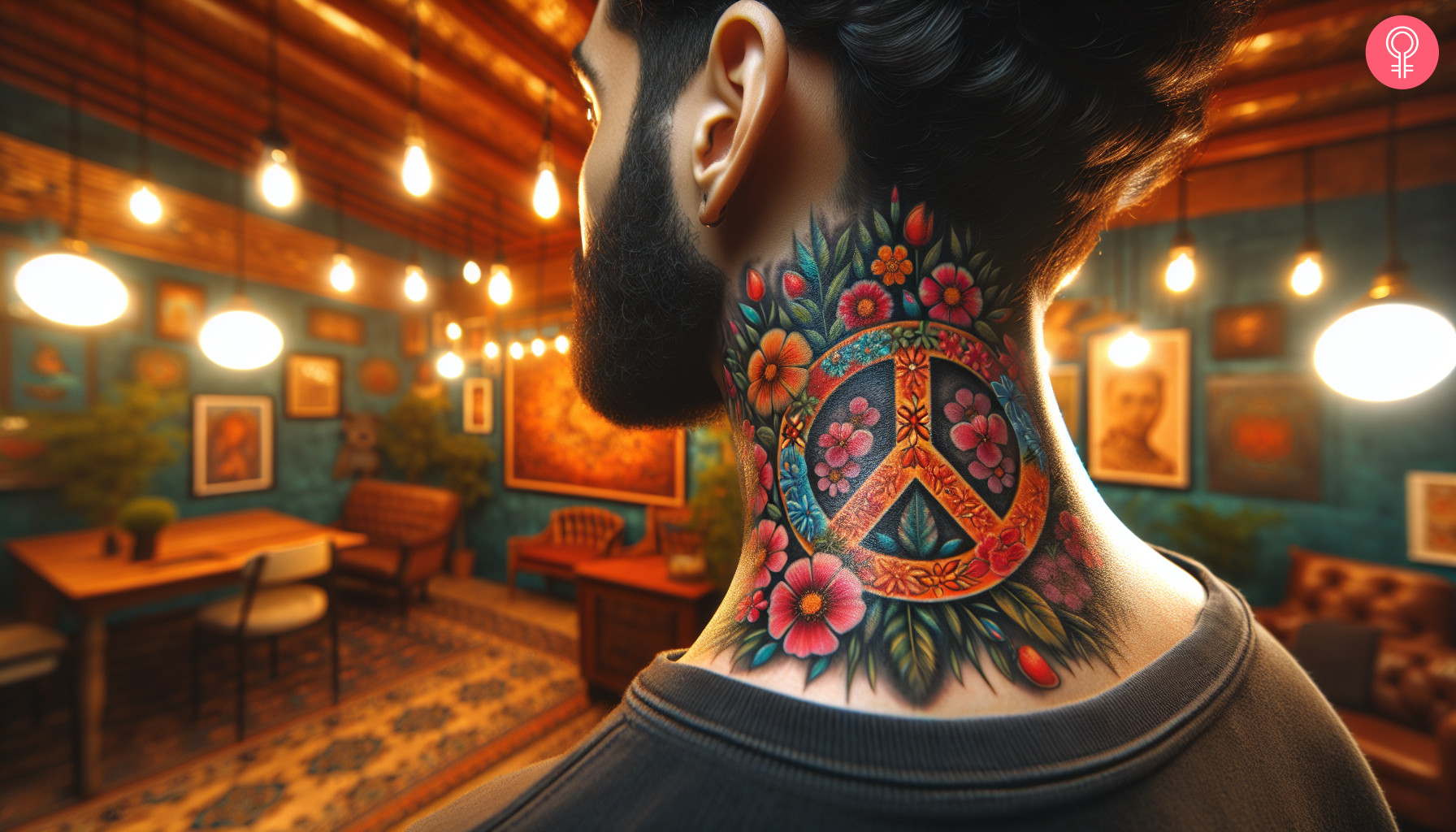 Peace sign flower tattoo on the neck of a man