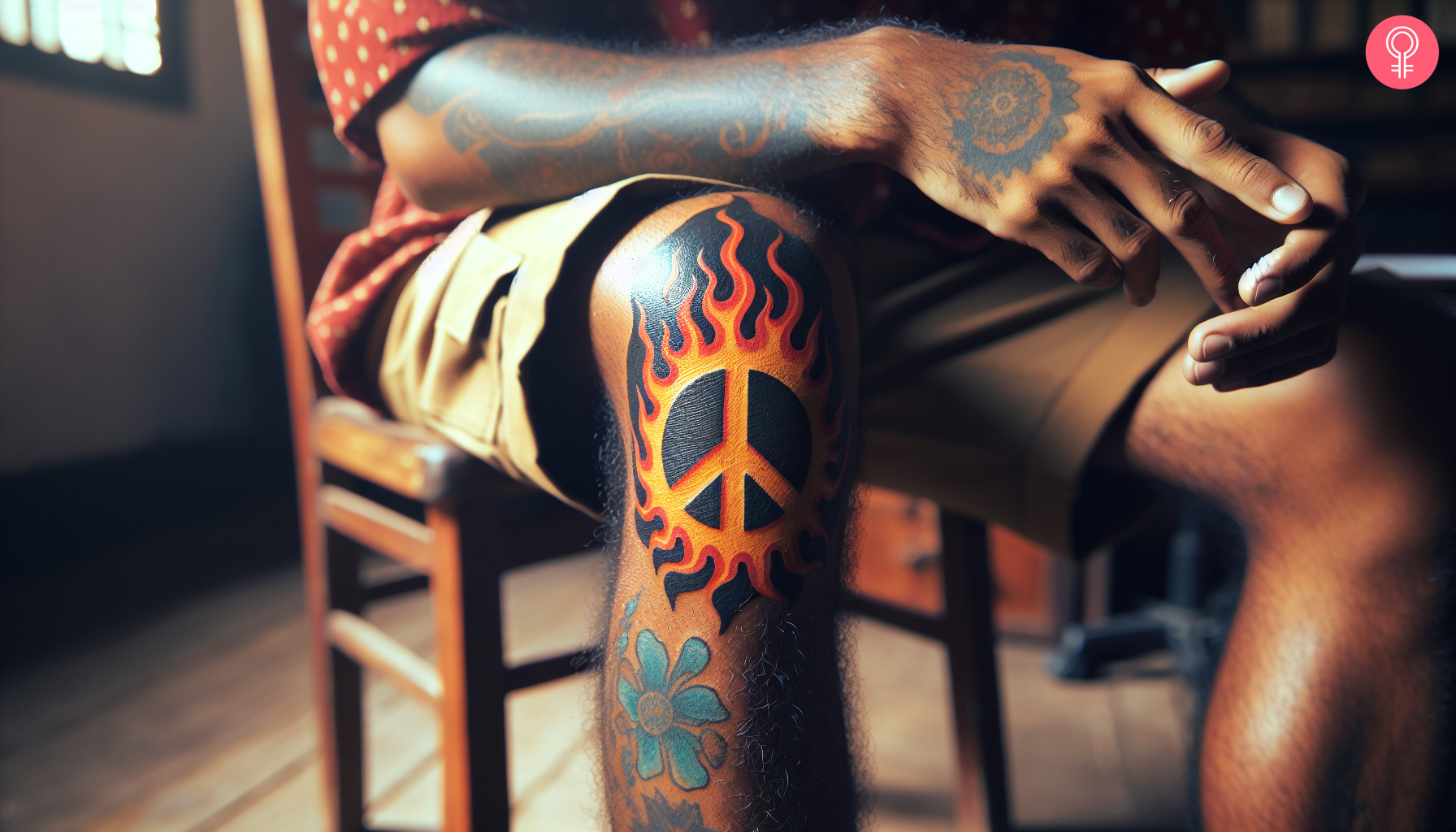 Peace sign tattoo on the knee of a man