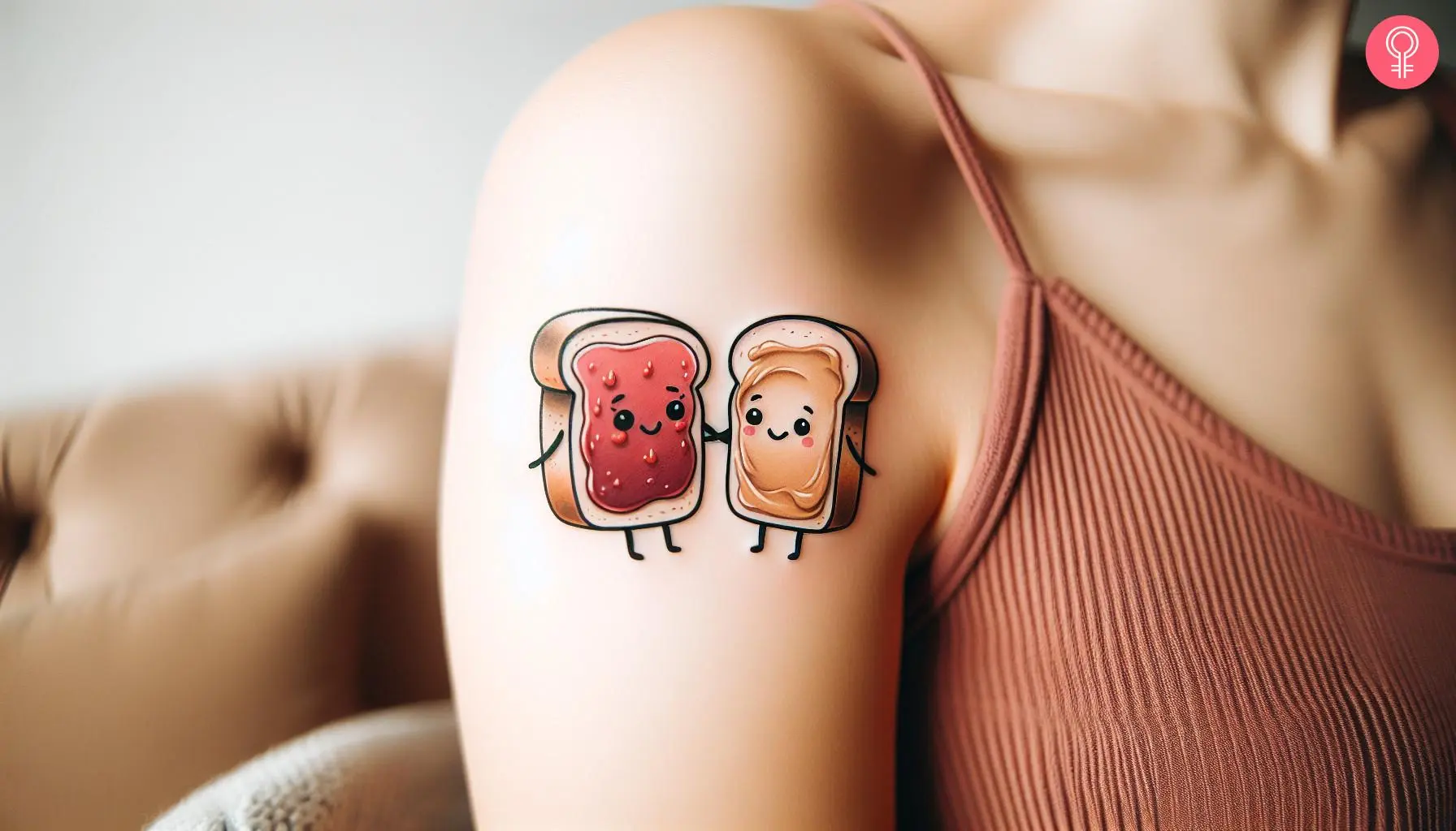 Peanut butter and jelly tattoo on the shoulder