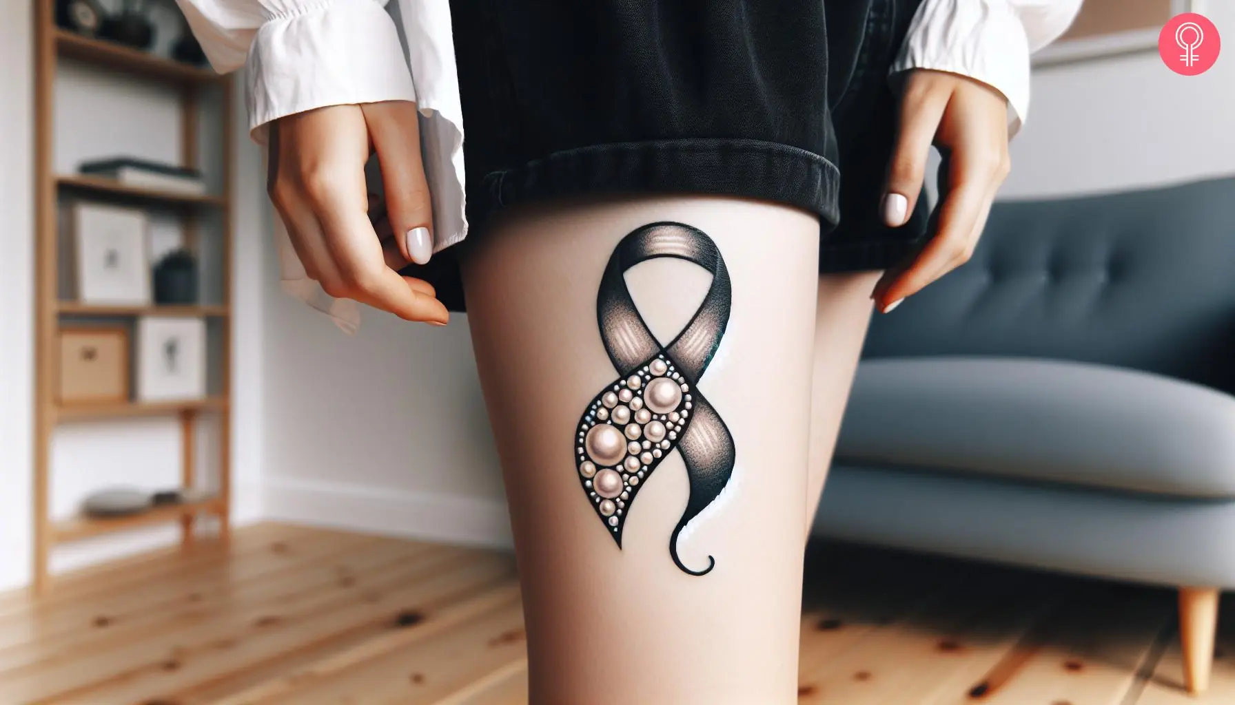 A pearl lung cancer tattoo on the thigh