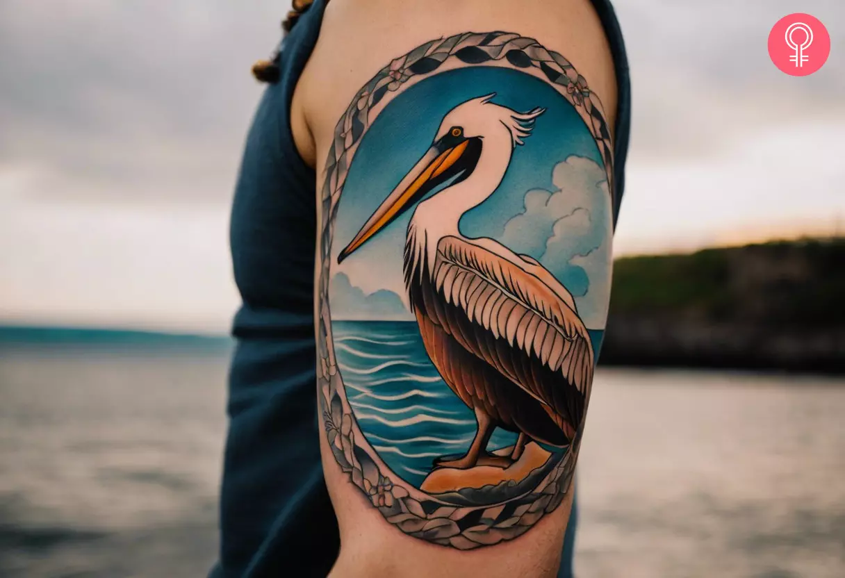 Man with traditional pelican tattoo on his outer arm