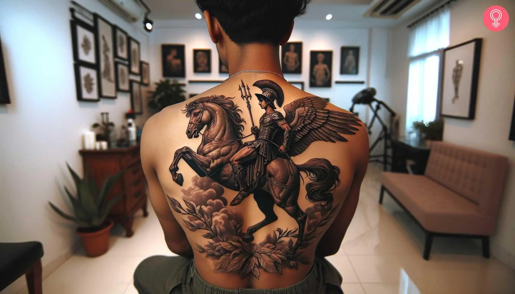 Perseus and Pegasus tattoo on the back of a man