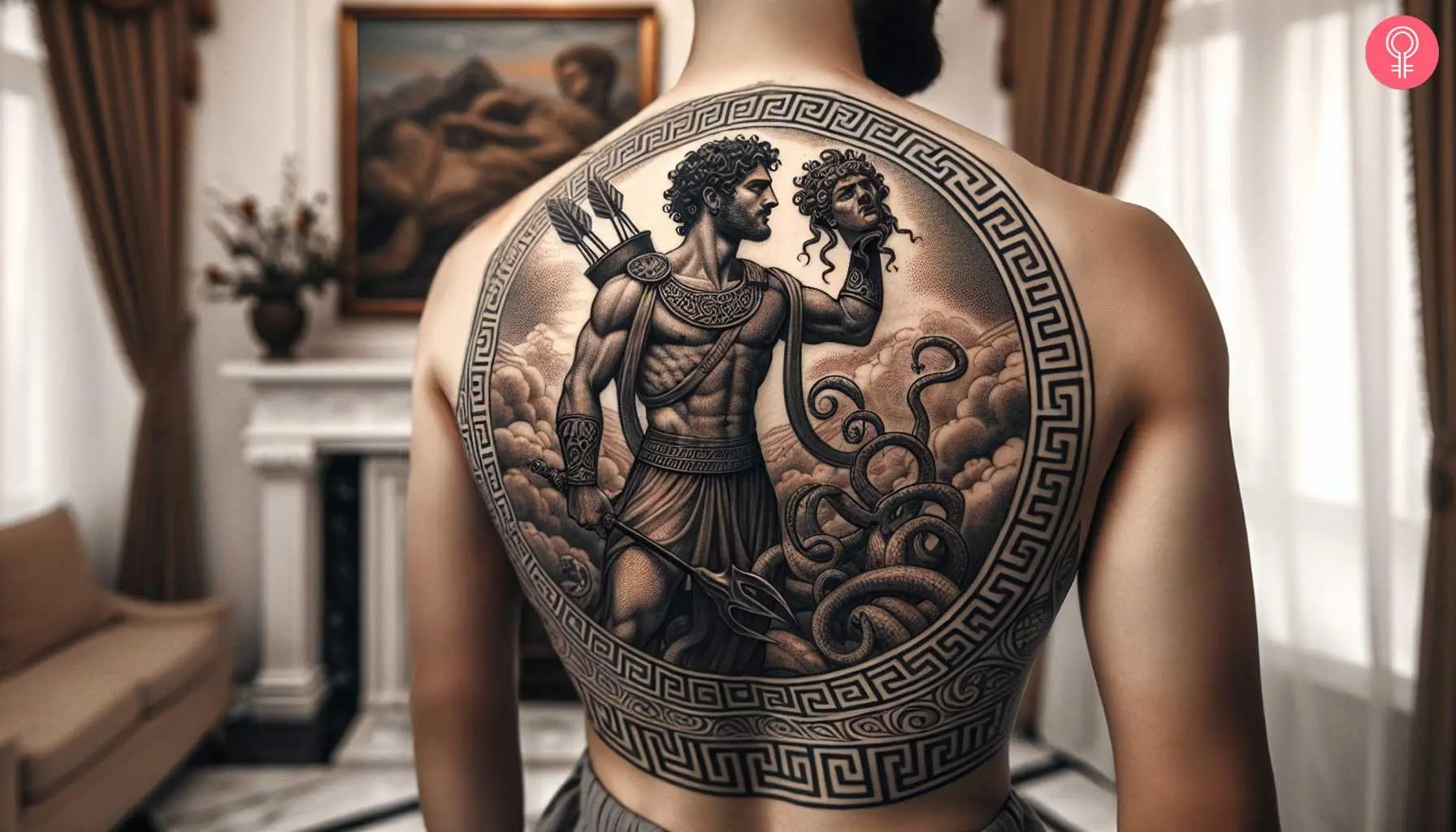 Perseus holding Medusa head tattoo on the back