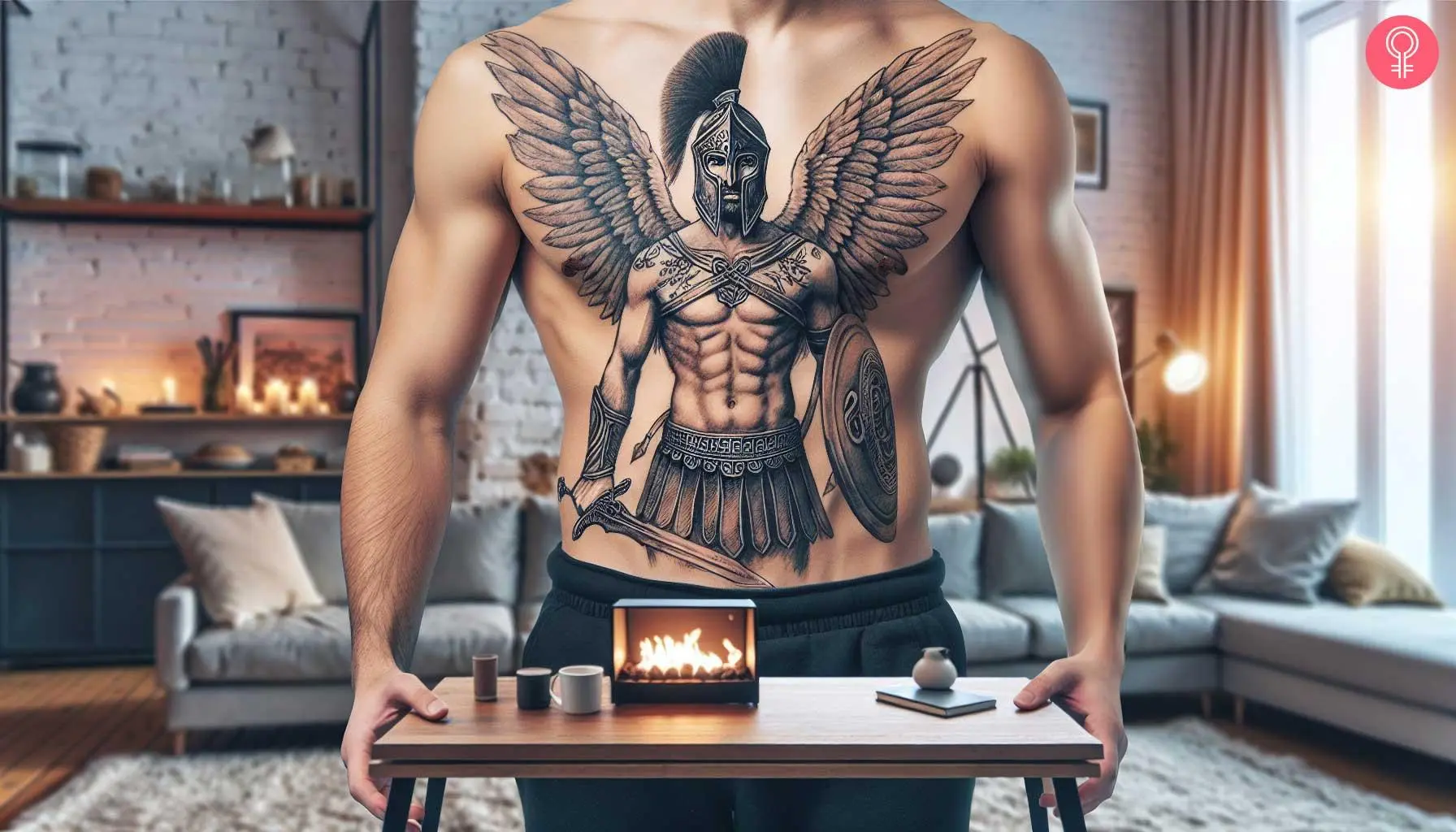 Perseus statue tattoo on the chest of a man