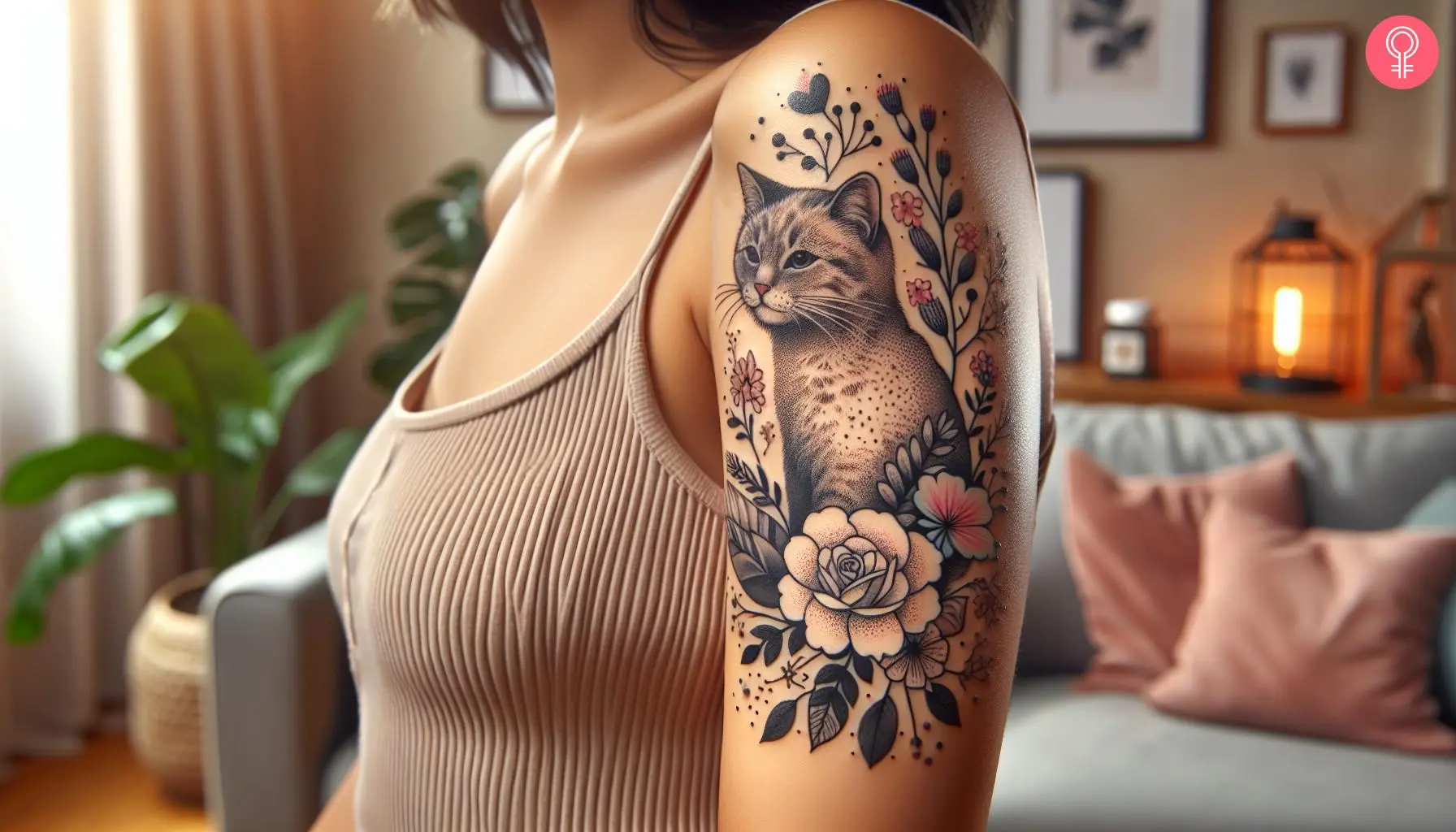 Pet cat tattoo with flowers on the upper arm