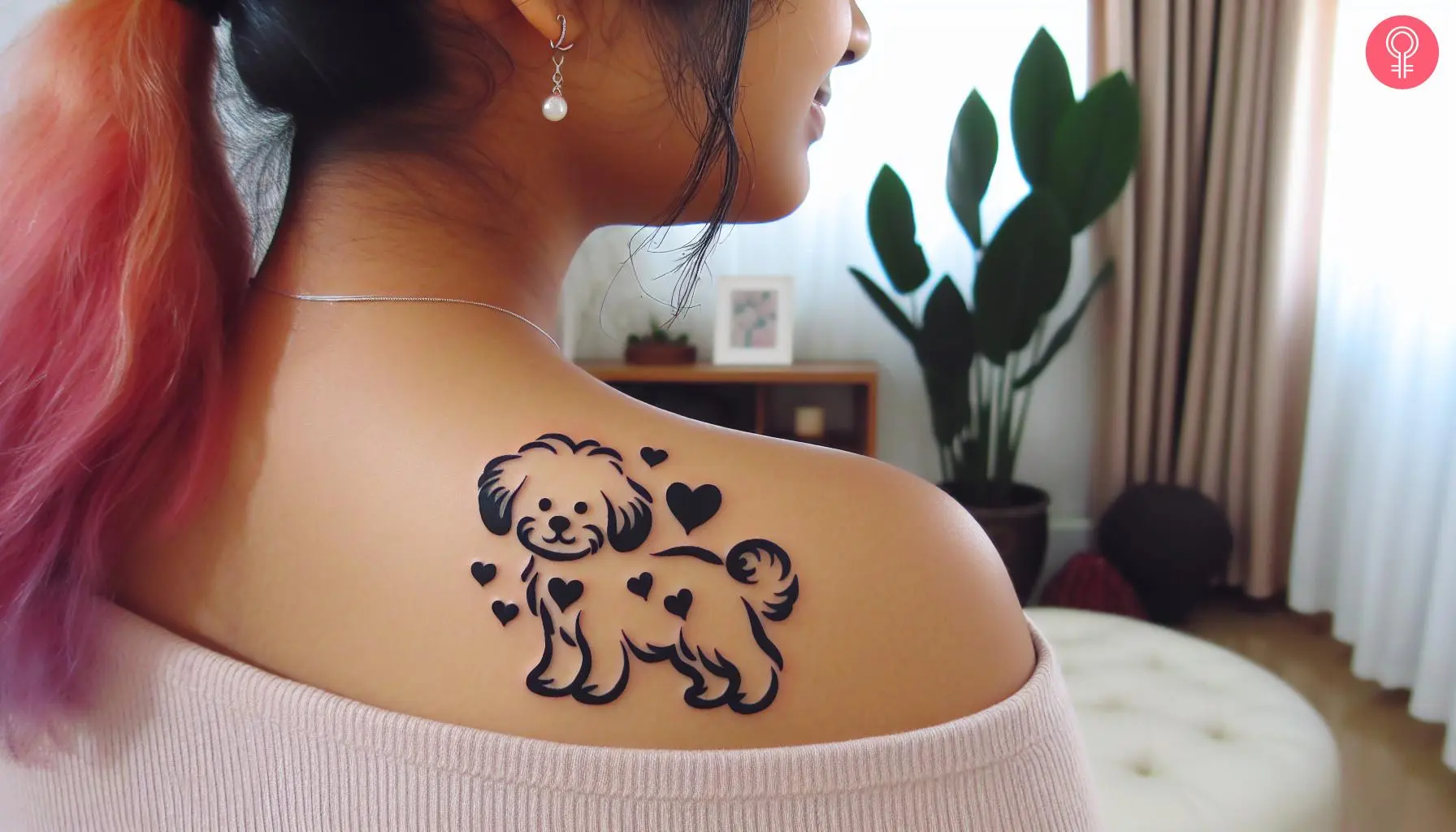 Pet dog tattoo with hearts on the back shoulder