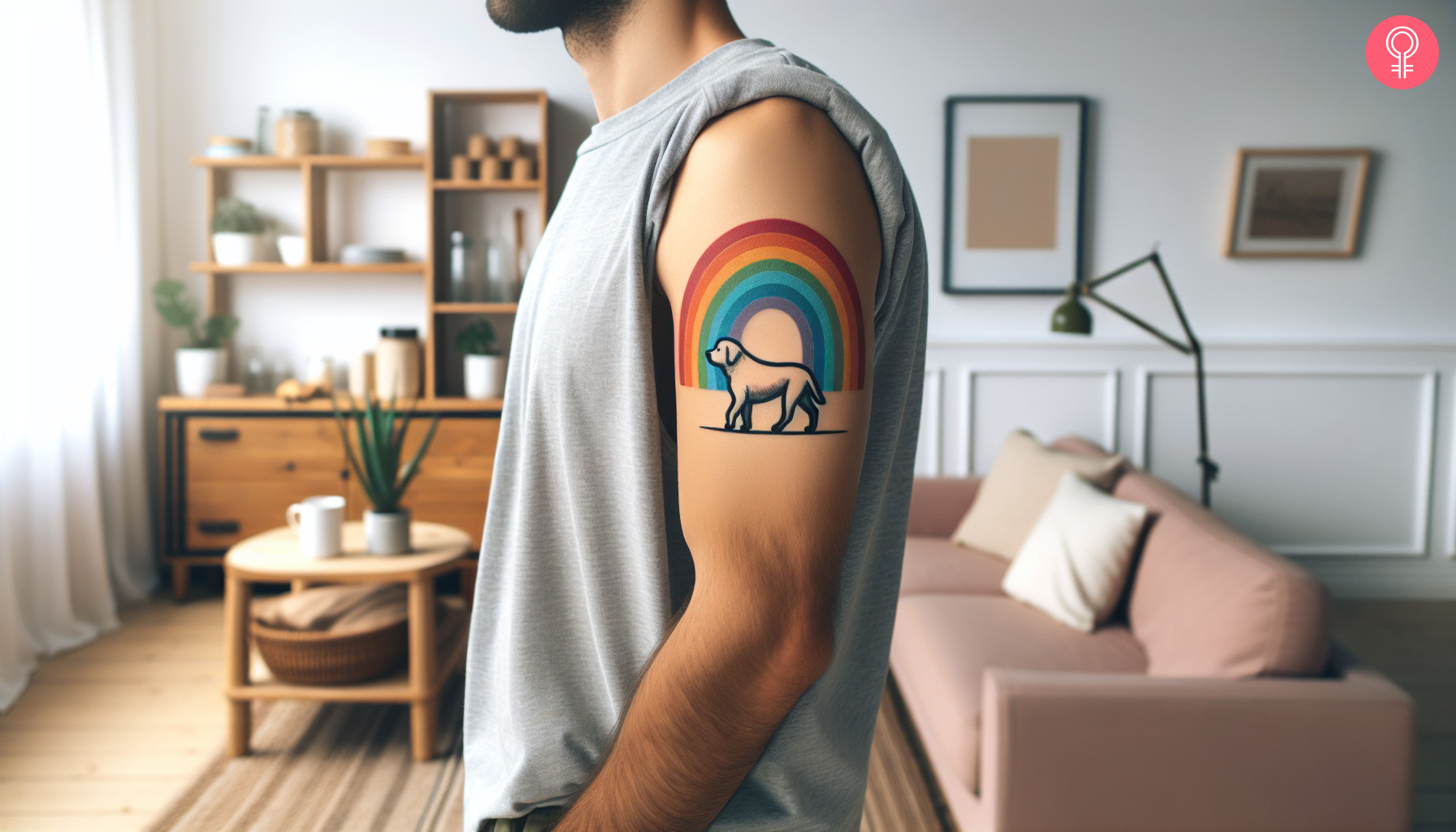 Pet with a rainbow behind tattoo on the upper arm