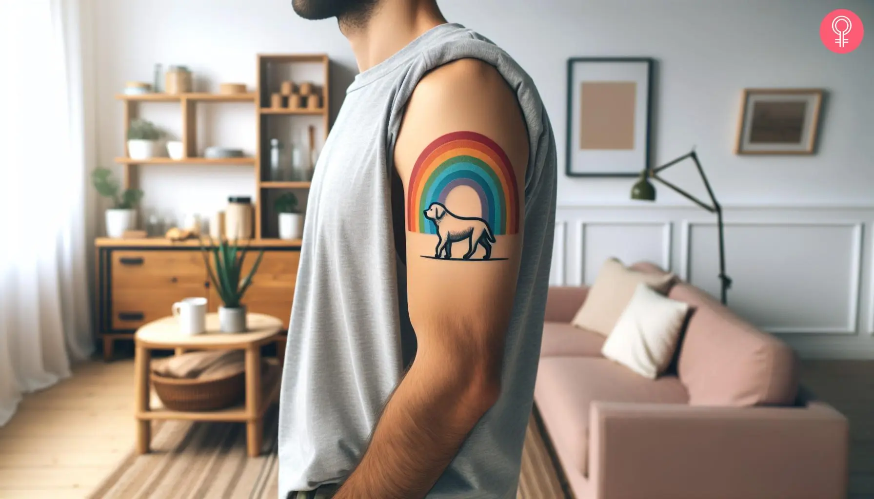 Pet with a rainbow behind tattoo on the upper arm