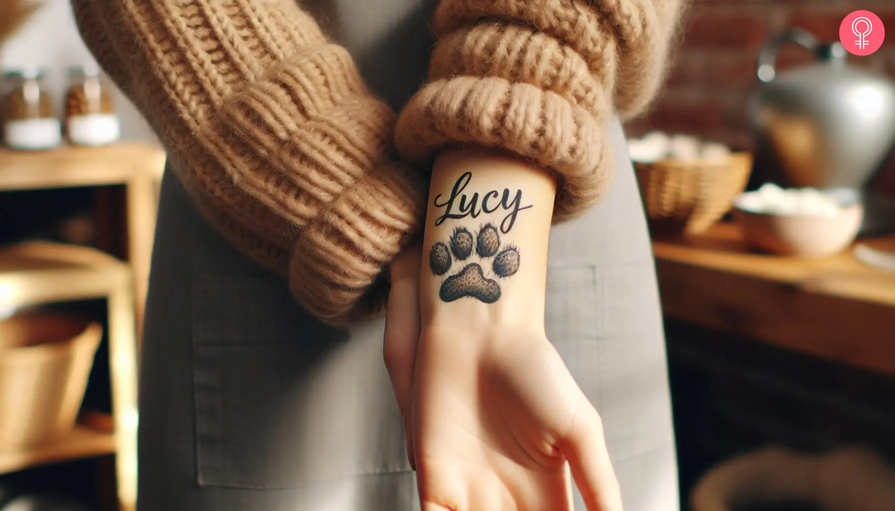 Pet name with pet paw tattoo on the wrist