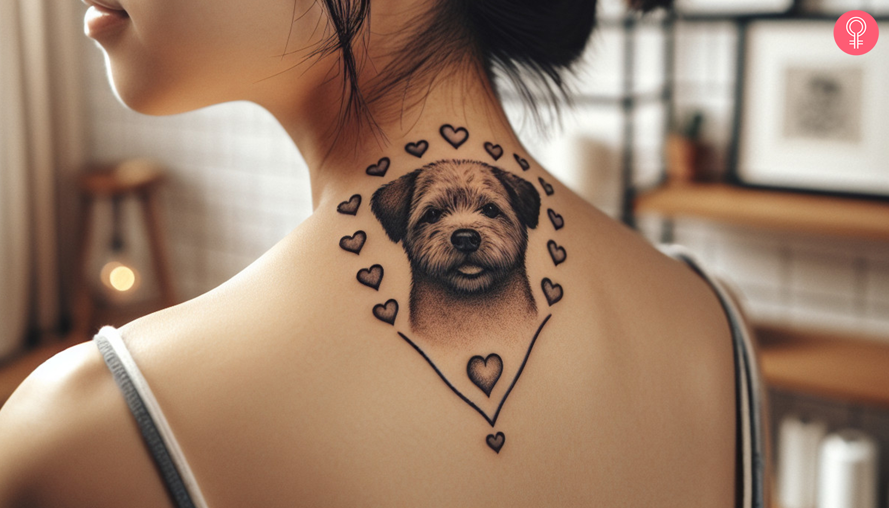 Pet portrait tattoo on the back shoulder