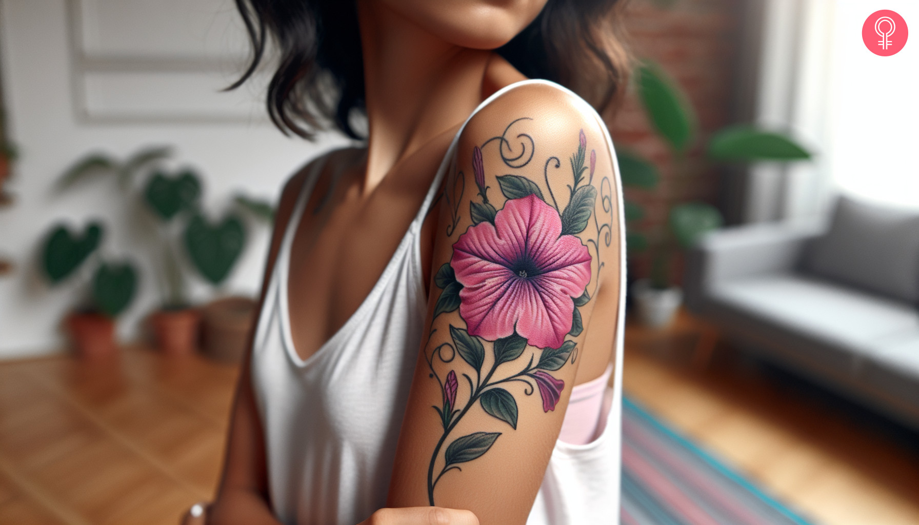 An upper arm tattoo featuring a pink petunia flower